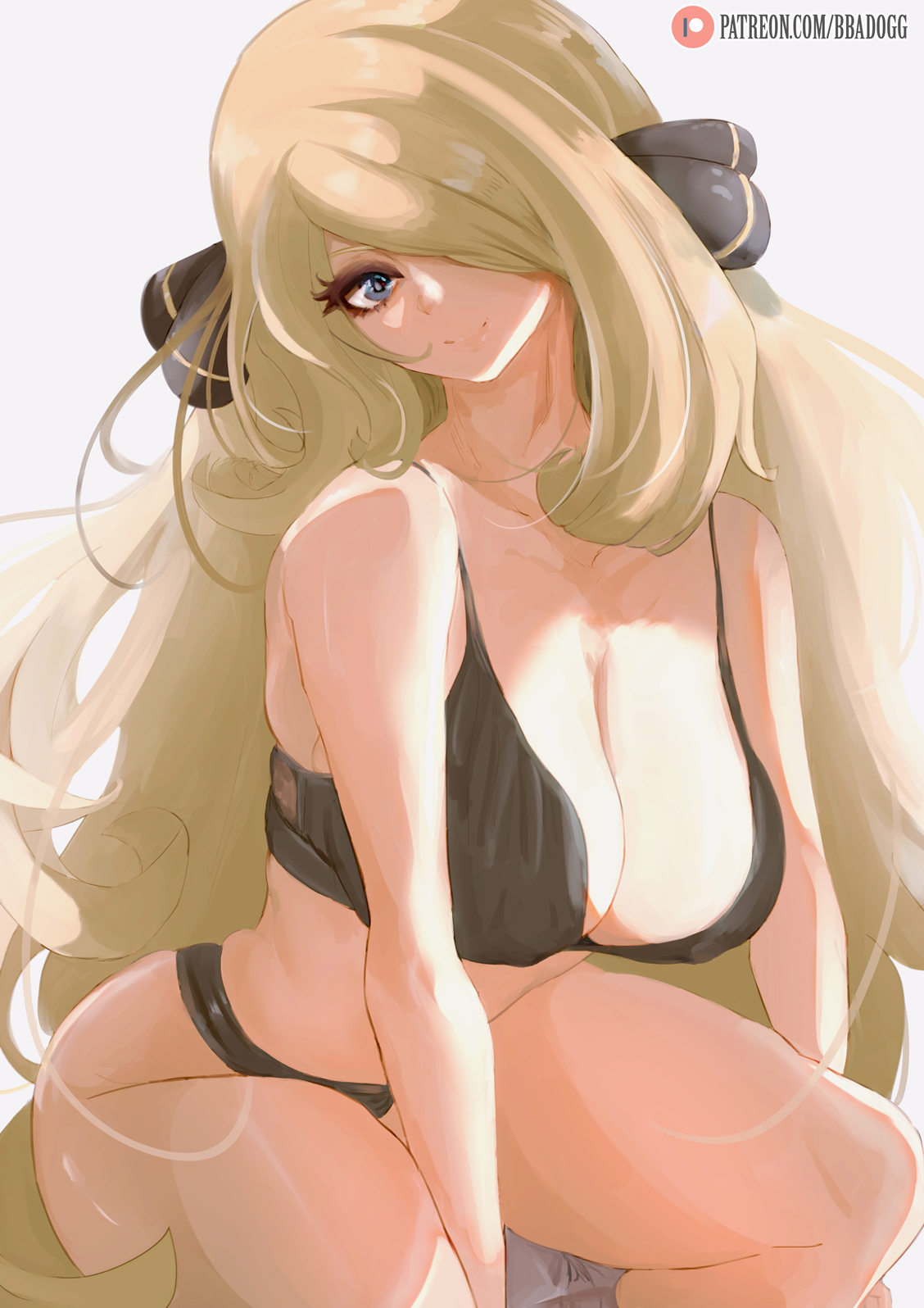 artist logo, bbadogg, big hips, blonde hair, bra, breasts, clothed, clothing, cynthia (pokemon), female, female focus, hair over one eye, large hips, light skin, light-skinned female, lingerie, long hair, looking at viewer, nintendo, pokemon, pokemon (game), smile