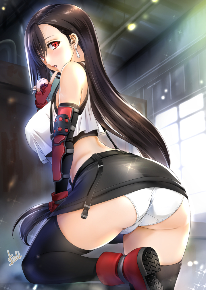 1girls ass big_breasts blush breasts earrings eye_contact female final_fantasy final_fantasy_vii gloves large_breasts long_hair looking_at_viewer mitarashi_kousei panties red_eyes sideboob skirt thick_thighs thighhighs thighs tifa_lockhart underwear upskirt white_panties