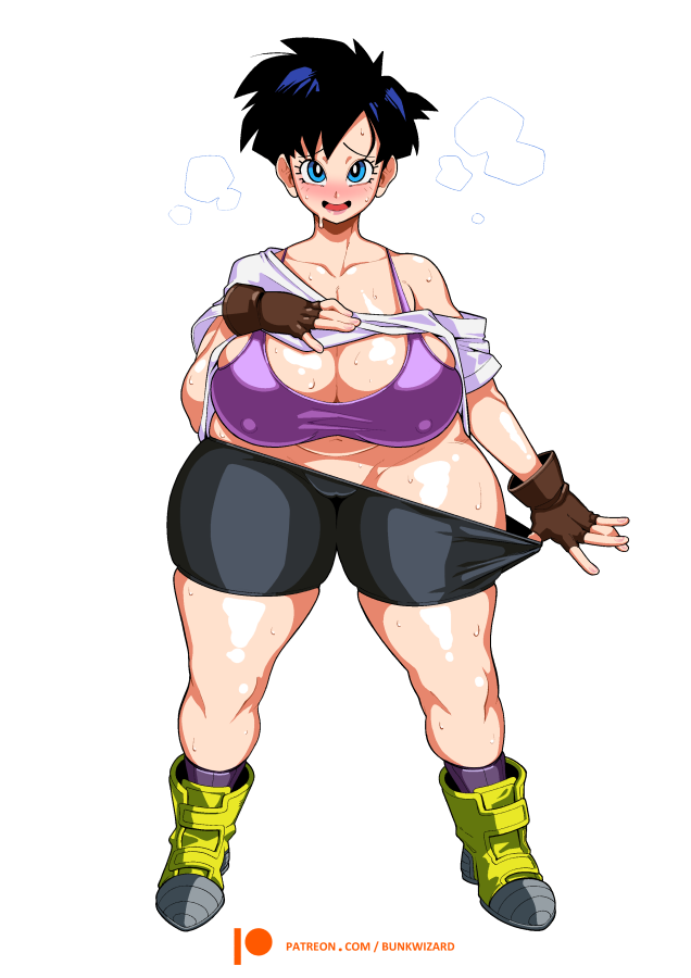 1girls belly belly_button biker_gloves black_hair blue_eyes blush boots breasts breasts_bigger_than_head bunkwizard busty cameltoe curvy dragon_ball dragon_ball_z erect_nipples female female_only horny huge_breasts lifted_shirt loose_shirt nipple_bulge no_panties pink_nails plump presenting pulling_down_pants short_hair shounen_jump socks solo solo_female sports_bra sportswear steam steaming_body sweat teenager thick_thighs tight_clothing tomboy undressing venus_body very_short_hair videl voluptuous wide_hips