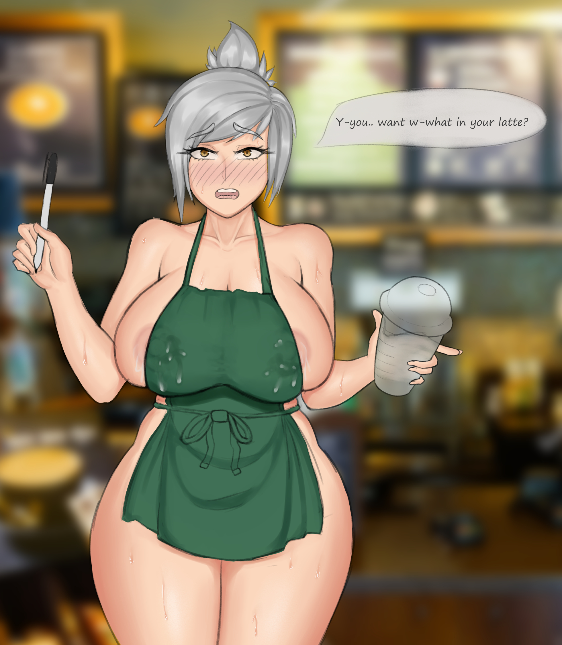 1girls, apron, breasts, embarrassed, female, holding object, iced latte with breast milk, lactating, large breasts, league of legends, meme, naked apron, nipples visible through clothing, riven, rivenisbae, solo female, sweat, white hair