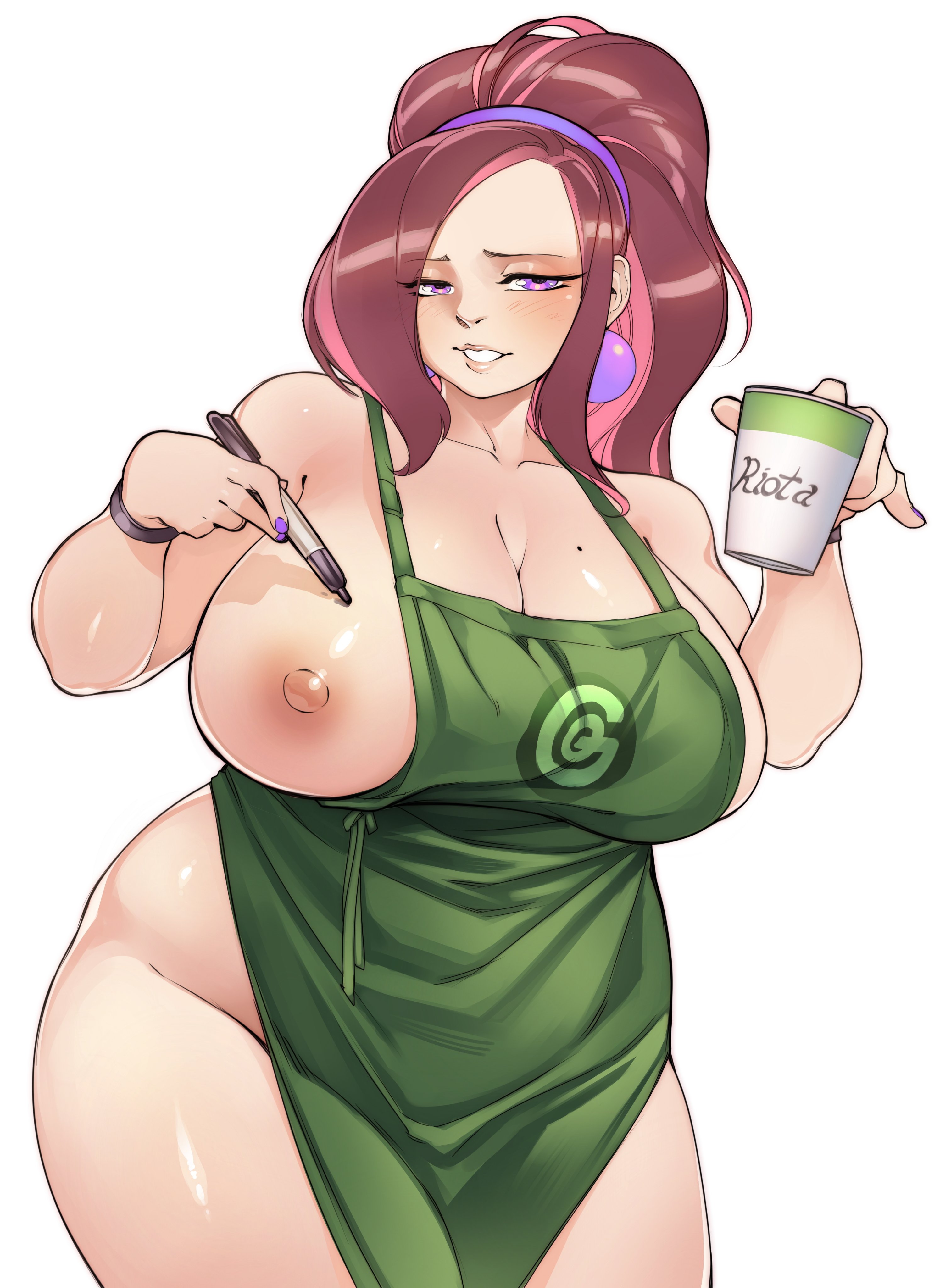 1girls, apron, areolae, big breasts, blush, breasts, eye contact, female, gofa, hachimi (gofa), hairband, huge breasts, iced latte with breast milk, large breasts, looking at viewer, meme, nipples, original, ponytail, purple eyes, solo, thick thighs, thighs, voluptuous, white background, wide hips
