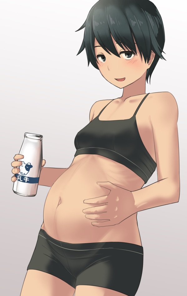 1girls 2010s 2015 black_bra black_clothing black_eyes black_hair black_hair_female blush bra clothing digital_art early_pregnancy ecstasy female female_only front_view glistening_hair grey_background gym_shorts hand_on_belly human kantai_collection light-skinned_female light_skin looking_at_viewer manga milk mogami_(kantai_collection) open_smile pregnant pregnant_tomboy shiny_hair short_black_hair short_dark_hair short_hair short_hair_female shorts simple_background small_breasts smile solo spandex_shorts sports_bra standing strong_tomboy_(spectrum) taji_(crowview) tomboy underwear very_short_hair