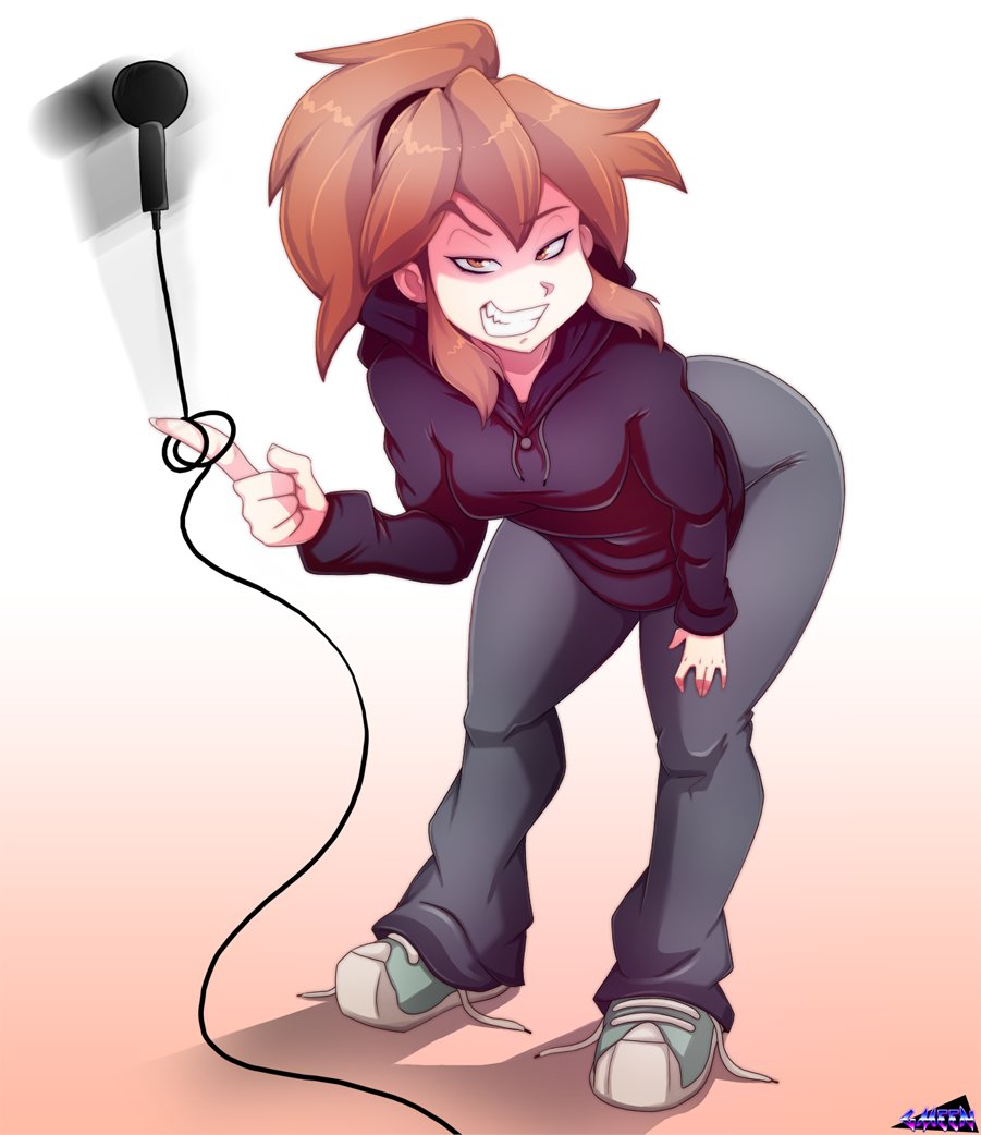 bending_over brown_hair clothing gmeen headband hoodie large_ass macstarva microphone pose posing smirk smug sneakers solo solo_female sweatpants thick_thighs