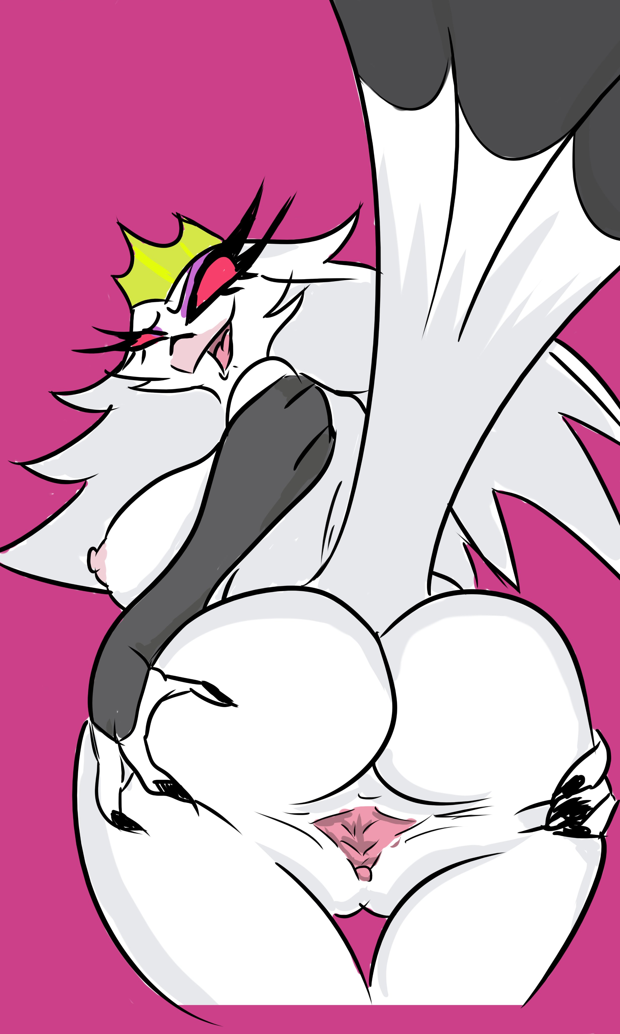 1girls, absurd res, anthro, anus, aptom7747, ass, avian, beak, bird, black fur, breasts, claws, colored, crown, demon, dialogue, female, fur, genitals, hair, helluva boss, hi res, mature female, milf, nipples, non-mammal breasts, owl, pussy, simple background, solo, spread pussy, stella (helluva boss), tongue, tongue out, two-tone body, two-tone fur, vivienne medrano, white body, white fur, white hair