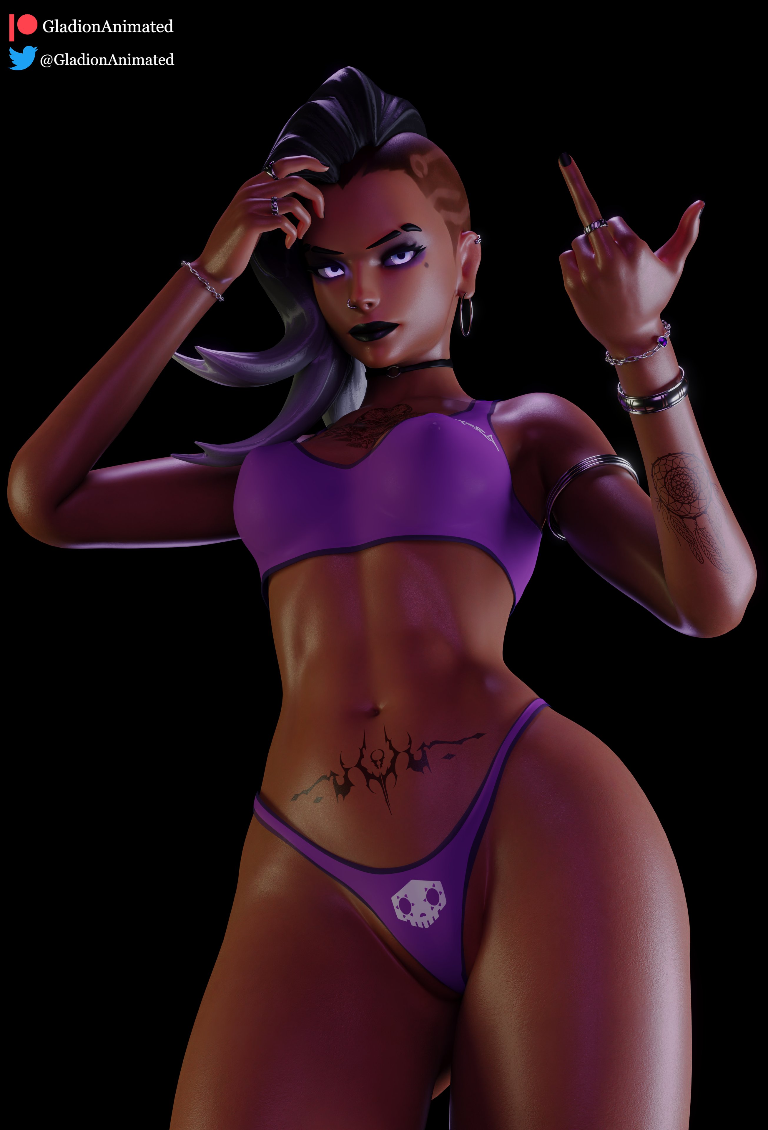 1girls, 3d, alternate costume, black hair, black lipstick, blizzard entertainment, bracelet, dark skin, dark-skinned female, ear piercing, earrings, female, female focus, female only, gladionanimated, goth, latina, lipstick, looking at viewer, mexican, middle finger, muscles, navel, noche sombra, overwatch, overwatch 2, petite, purple eyeshadow, rings, shaved side, short hair, sidecut, simple background, solo, solo female, solo focus, sombra, tattoos, thick thighs, toned, toned belly, toned body, toned female, toned stomach, two-tone hair, white hair, wide hips