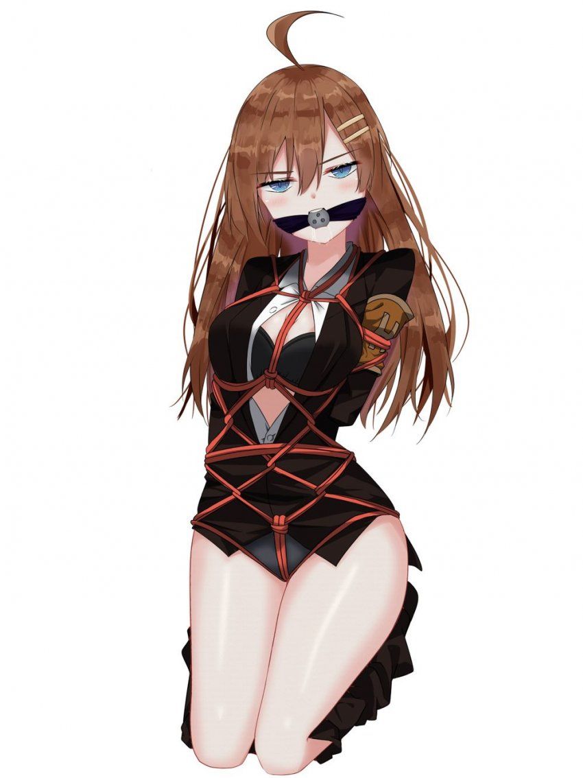 1girls, ahoge, armband, arms behind back, arms bound, arms bound behind back, ball gag, blue eyes, blush, bondage, bound, bra, breasts, business suit, clothed, clothing, drooling, female, female only, gag, gagged, hands behind back, hod (lobotomy corporation), lobotomy corporation, long hair, looking at viewer, panties, pants down, project moon, restrained, rope, rope between breasts, rope bondage, solo, suit, thighs, tied up