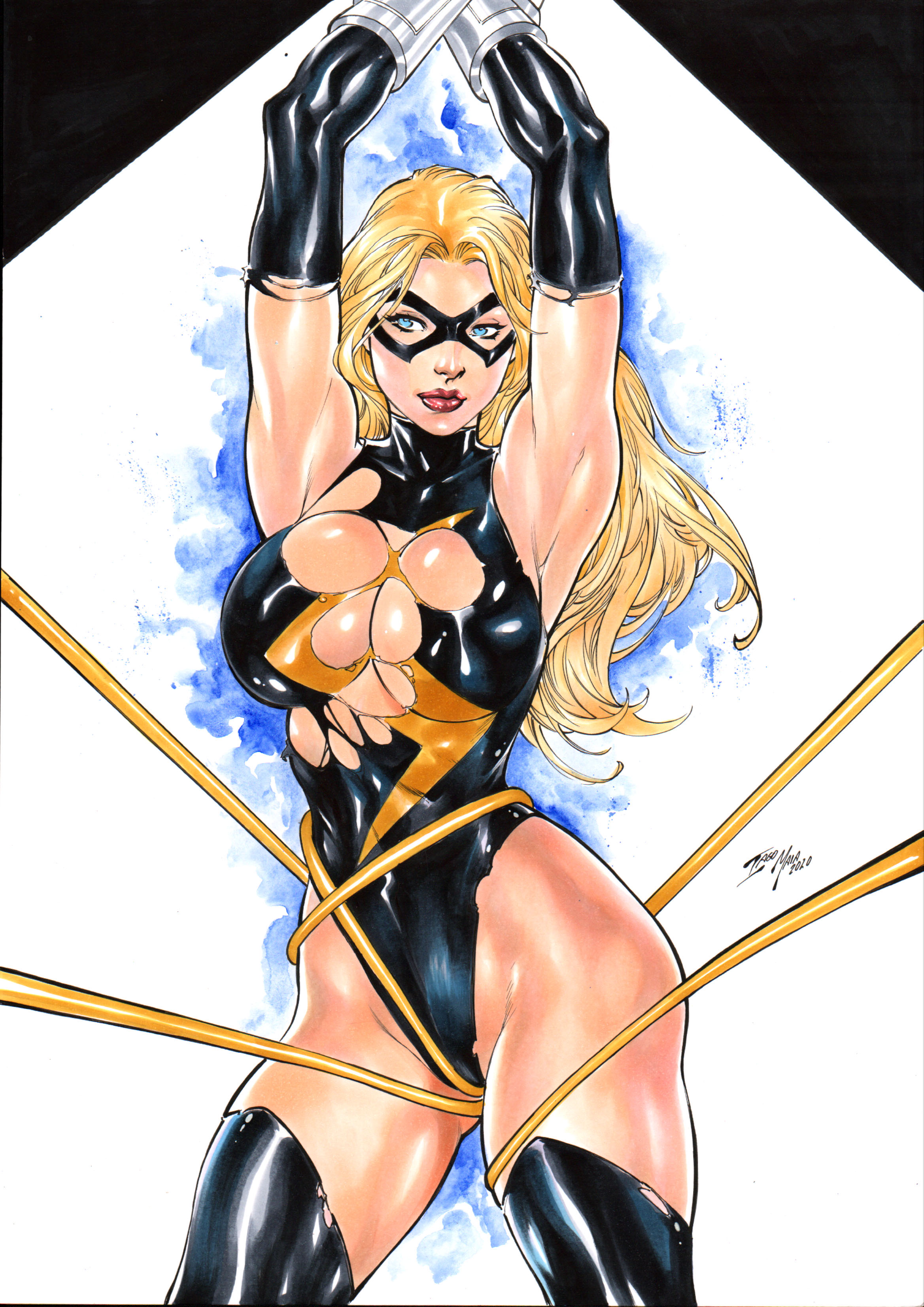1girls, 2020, big boobs, big breasts, boots, breasts, captured, carol danvers, damaged clothes, ed benes studio, female, female only, gloves, highleg leotard, human, human only, iago maia, latex clothing, latex leotard, leotard, light skin, light-skinned female, looking at viewer, marvel, marvel comics, masked female, ms. marvel (carol danvers), rubber clothing, solo female, solo focus, superheroine, tagme