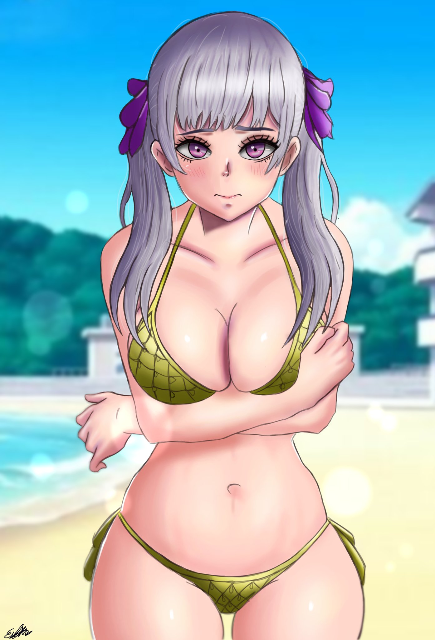 1girls, arms crossed, arms crossed under breasts, arms under breasts, beach, big breasts, bikini, bikini bottom, bikini top, black clover, blush, breasts, cleavage, clothed, crossed arms, embarrassed, female, female only, front view, guolfeich, hairbow, hourglass figure, large breasts, long hair, looking at viewer, navel, noelle silva, pink eyes, silver hair, solo, teenager, thick thighs, thigh gap, thighs, twintails, water, watermark, yellow bikini, yellow bikini bottom, yellow bikini top