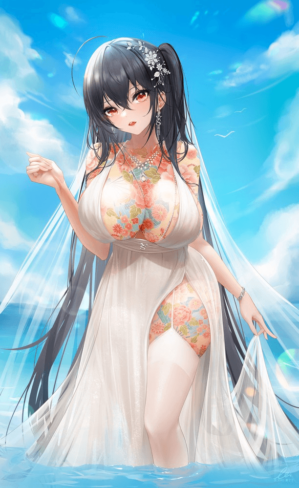 ahoge, azur lane, bangs, blue sky, bracelet, breast tattoo, breasts, chest tattoo, clothing, cloud, day, dress, earrings, eyebrows visible through hair, feet out of frame, female, flower, flower tattoo, garter straps, hair between eyes, hair flower, hair ornament, high resolution, huge breasts, jewelry, leg tattoo, legwear, lingerie, liu liaoliao, long hair, looking at viewer, necklace, ocean, official alternate costume, one side up, partially submerged, red eyes, skirt hold, sky, sleeveless, sleeveless dress, solo, standing, symbol-only commentary, taihou (azur lane), taihou (temptation on the sea breeze) (azur lane), tattoo, thighhighs, veil, very high resolution, very long hair, wading, water, white dress, white flower, white legwear