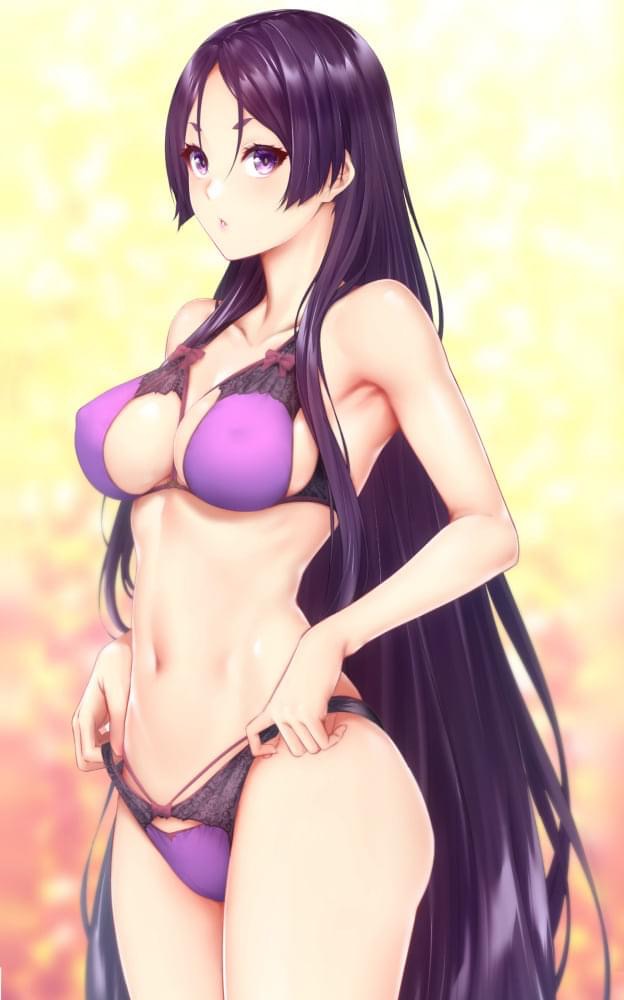 bra, breasts, busty, fate (series), fate/grand order, female, minamoto no raikou (fate/grand order), navel, purple eyes, purple hair, purple lingerie, sideboob, thong, zucchini