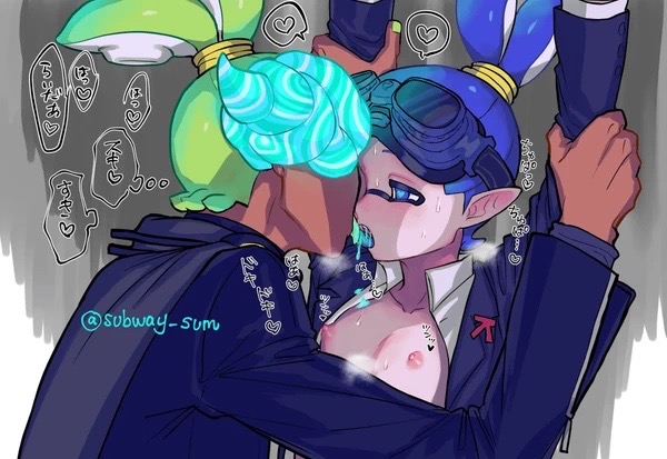 arm_grab arms_above_head arms_up gay goggles goggles_(splatoon) heart-shaped_pupils inkling inkling_boy kissing making_out male male/male male_only nipples open_shirt rider_(splatoon) splatoon splatoon_(manga) steam tagme yaoi