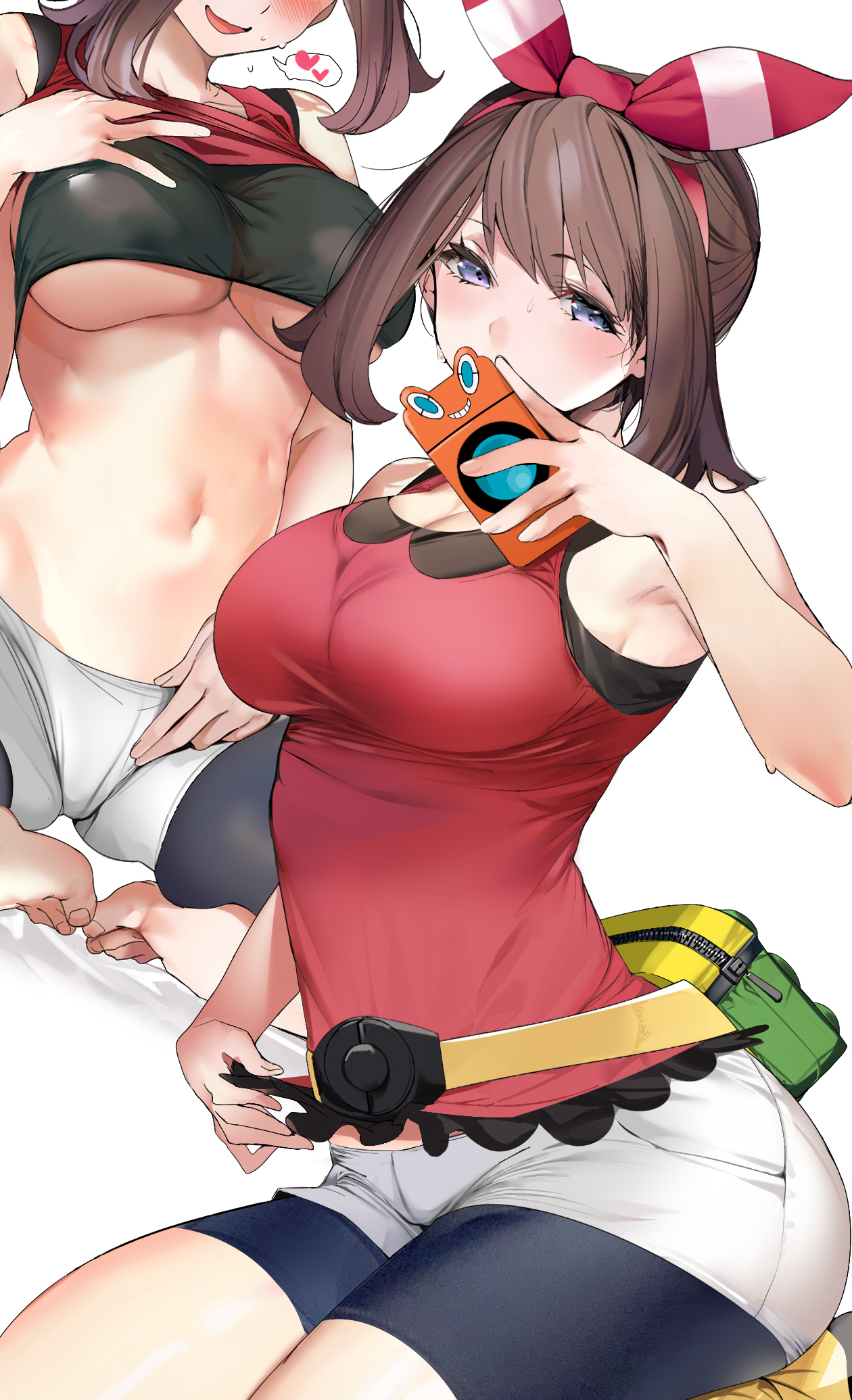 1girls, big breasts, blue eyes, blush, breasts, brown hair, eye contact, feet, female, looking at viewer, marushin (denwa0214), may (pokemon), medium hair, minishorts, nintendo, pokemon, pokemon oras, pokemon rse, selfie, shorts, solo, thick thighs, thighs