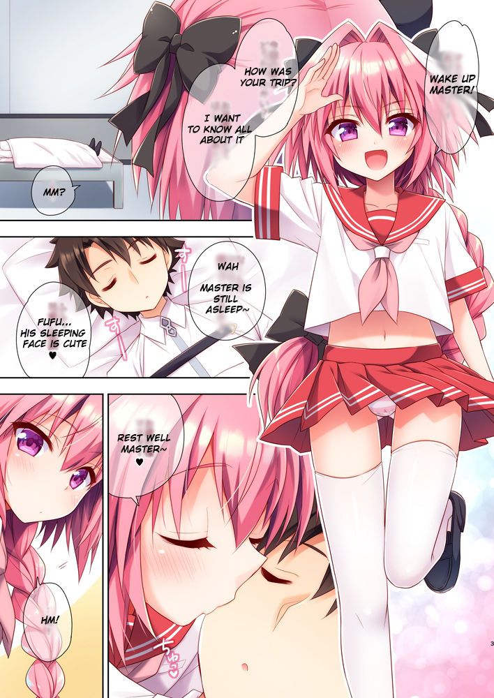 2boys aichi_shiho astolfo_(fate) bed blush braid braided_hair brown_hair bulge closed_eyes colored comic crossdressing cute english english_text eyes_closed fate/grand_order fate_(series) femboy gay gudao hair_ribbon kissing laying_down leggings long_hair male male/male male_only manga on_back pink_hair purple_eyes ribbon school_uniform skirt sleeping speech_bubble thighhighs trap underwear white_body white_skin yaoi young