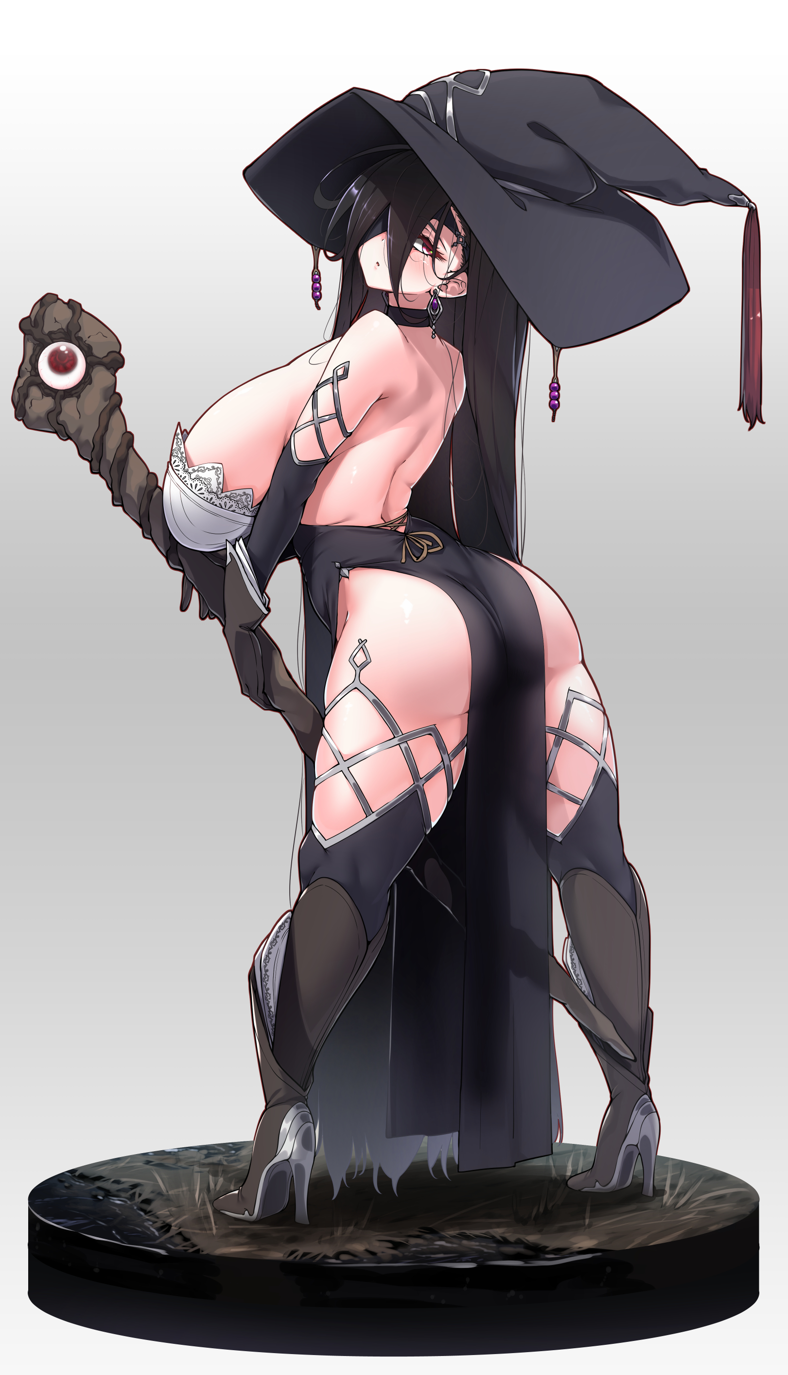ass, big ass, big breasts, black dress, boots, breasts, choker, dark hair, dress, earrings, eye patch, female, full body, gloves, high heel boots, high heels, huge breasts, lace, long gloves, long hair, looking at viewer, looking back, original, ryuun (stiil), side slit, sideboob, solo, staff, standing, thick thighs, thighhighs, very long hair, witch, witch (konoshige), witch hat