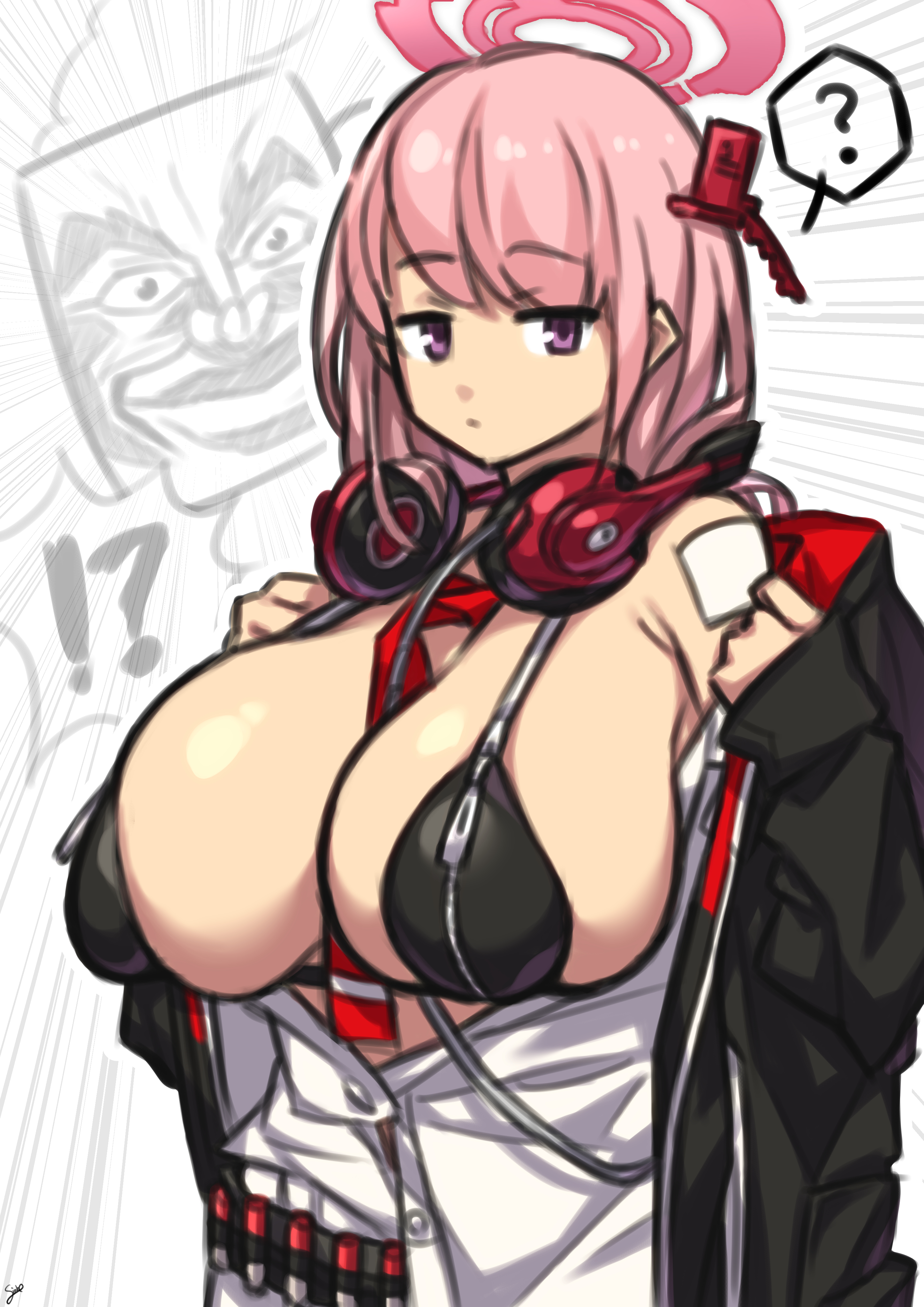 1girls, blue archive, bra, breast zipper, breasts, cleavage, coffeelove68, eimi (blue archive), female, female only, huge breasts, millennium science school student, pink hair, solo focus