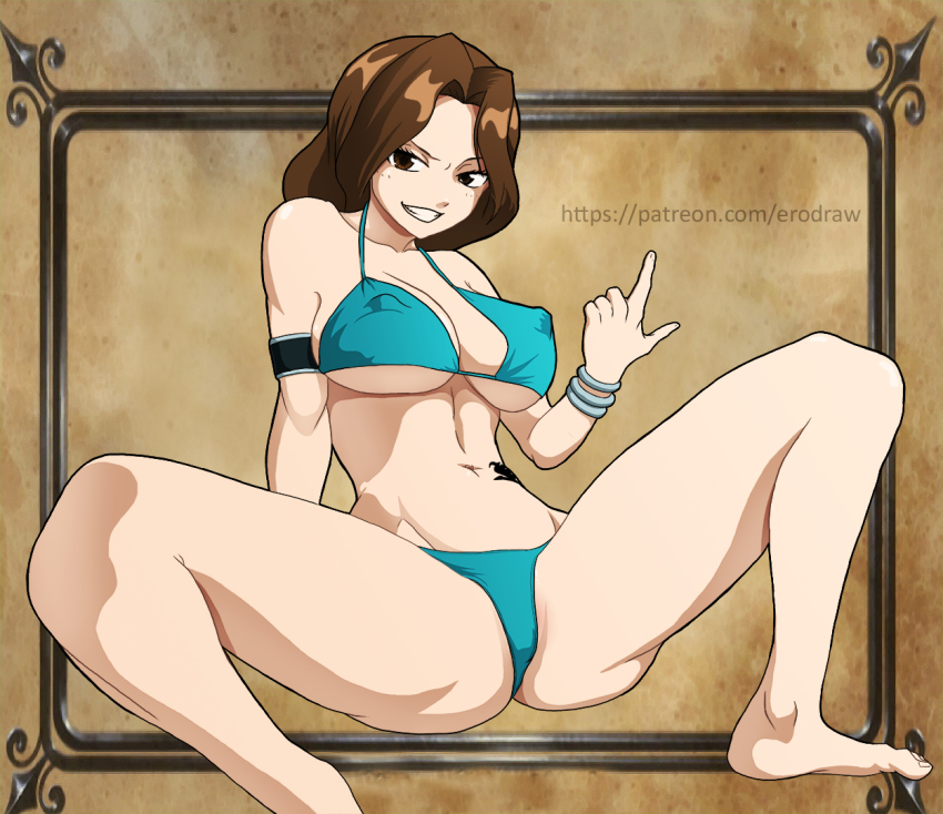 big_breasts bikini bikini_bottom bikini_top blue_bikini breasts brown_eyes brown_hair cana_alberona curvy curvy_body curvy_female erodraw fairy_tail female female_focus female_only hard_nipples legs_apart looking_at_viewer spread_legs spreading tattoo white_skin