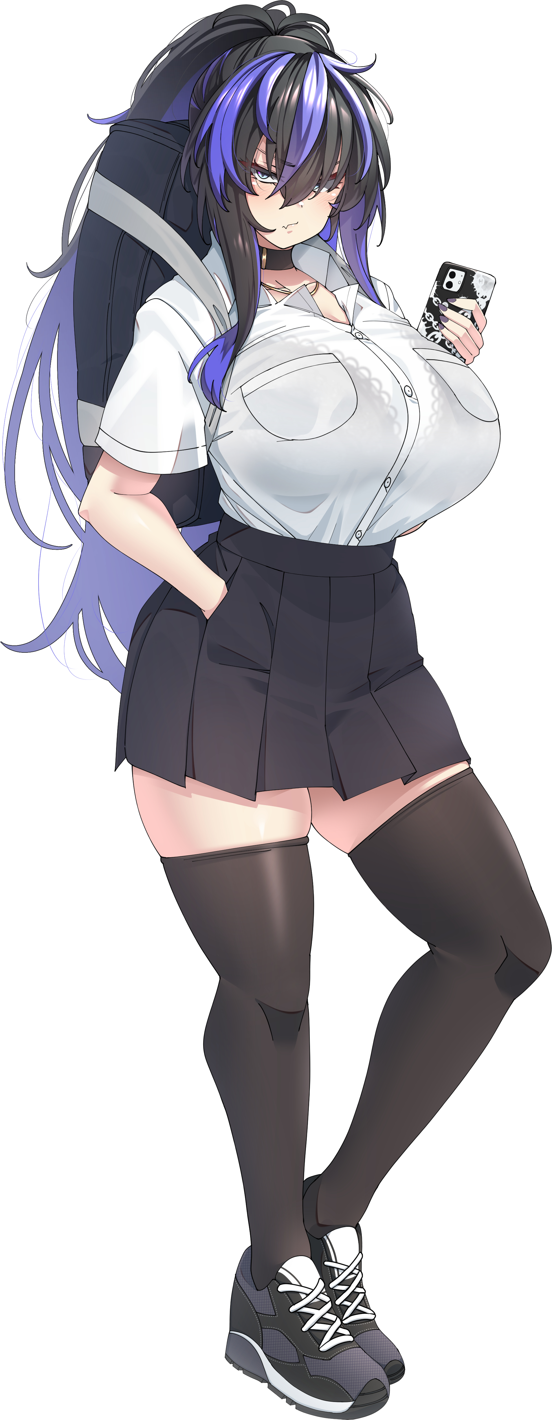 backpack, bangs, big breasts, black hair, black legwear, black thighhighs, bra visible through clothes, breasts, cellphone, choker, cute fang, delinquent turned wife (konoshige), dyed hair, female, full body, fully clothed, glaring, hair over eyes, hand in pocket, huge breasts, lace-trimmed bra, long hair, looking at viewer, nail polish, original, pleated skirt, ponytail, ryuun (stiil), school uniform, schoolgirl, short sleeves, sneakers, solo, standing, thick thighs, thighhighs, two-tone hair, very long hair, zettai ryouiki