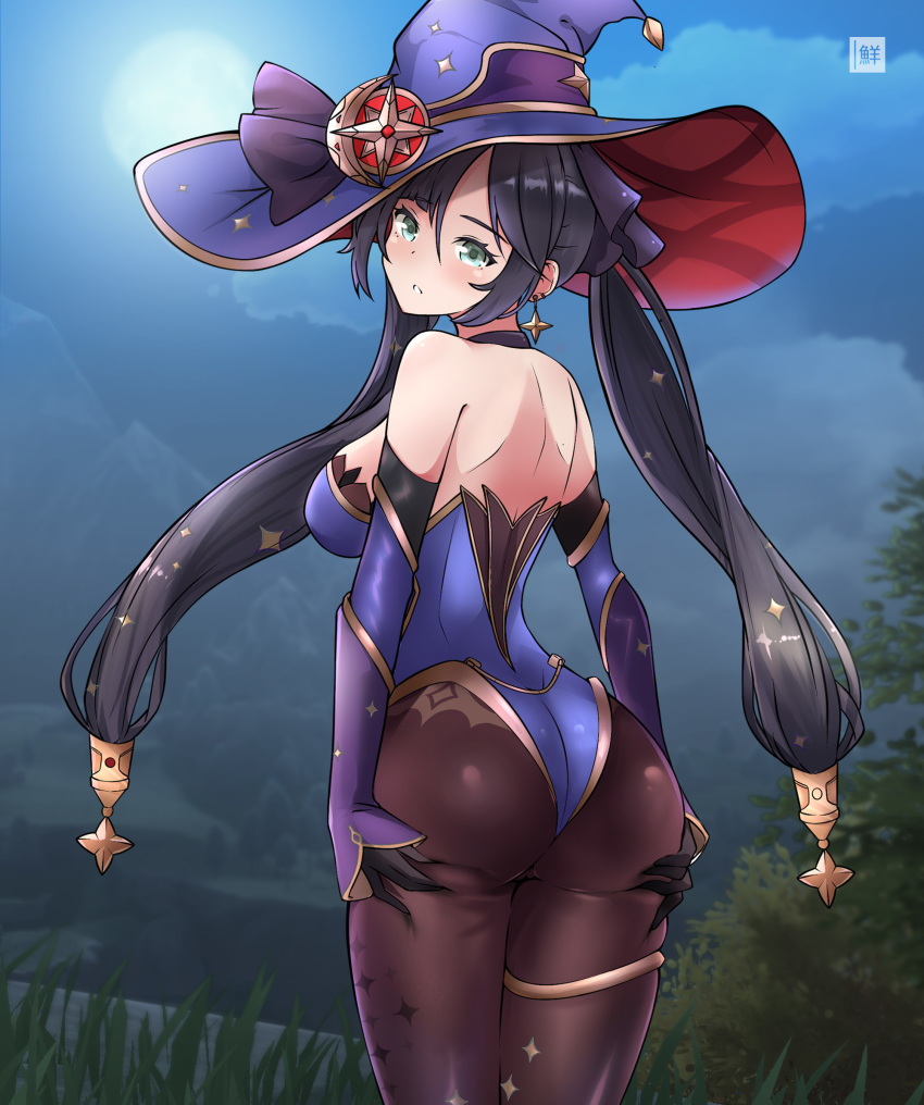 1girls, anklet, aqua eyes, ass, back, bare shoulders, black choker, black gloves, black hair, blue headwear, blue leotard, breasts, brown legwear, choker, cowboy shot, detached sleeves, earrings, female, freshtango, from behind, full moon, genshin impact, gloves, gold trim, hand on own ass, hat, highleg, highleg leotard, highres, jewelry, leotard, long hair, long sleeves, looking at viewer, looking back, medium breasts, mona (genshin impact), moon, night, outdoors, pantyhose, parted lips, sidelocks, skindentation, solo, standing, strapless, strapless leotard, twintails, very long hair, witch hat
