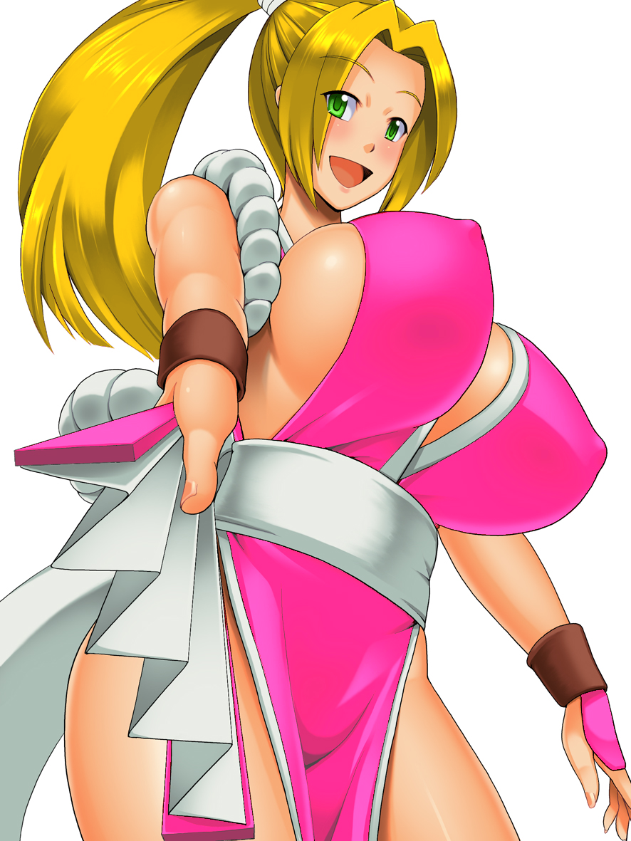 1girls big_sister blonde_hair bouncing_breasts breasts covered_erect_nipples fan fatal_fury female green_eyes happy high_resolution highres huge_breasts kawanuma_uotsuri large_breasts mai_shiranui mai_shiranui_(cosplay) milf ninja no_bra no_panties no_underwear onee-chan open_mouth palette_swap ponytail smile snk solo third-party_edit tied_hair