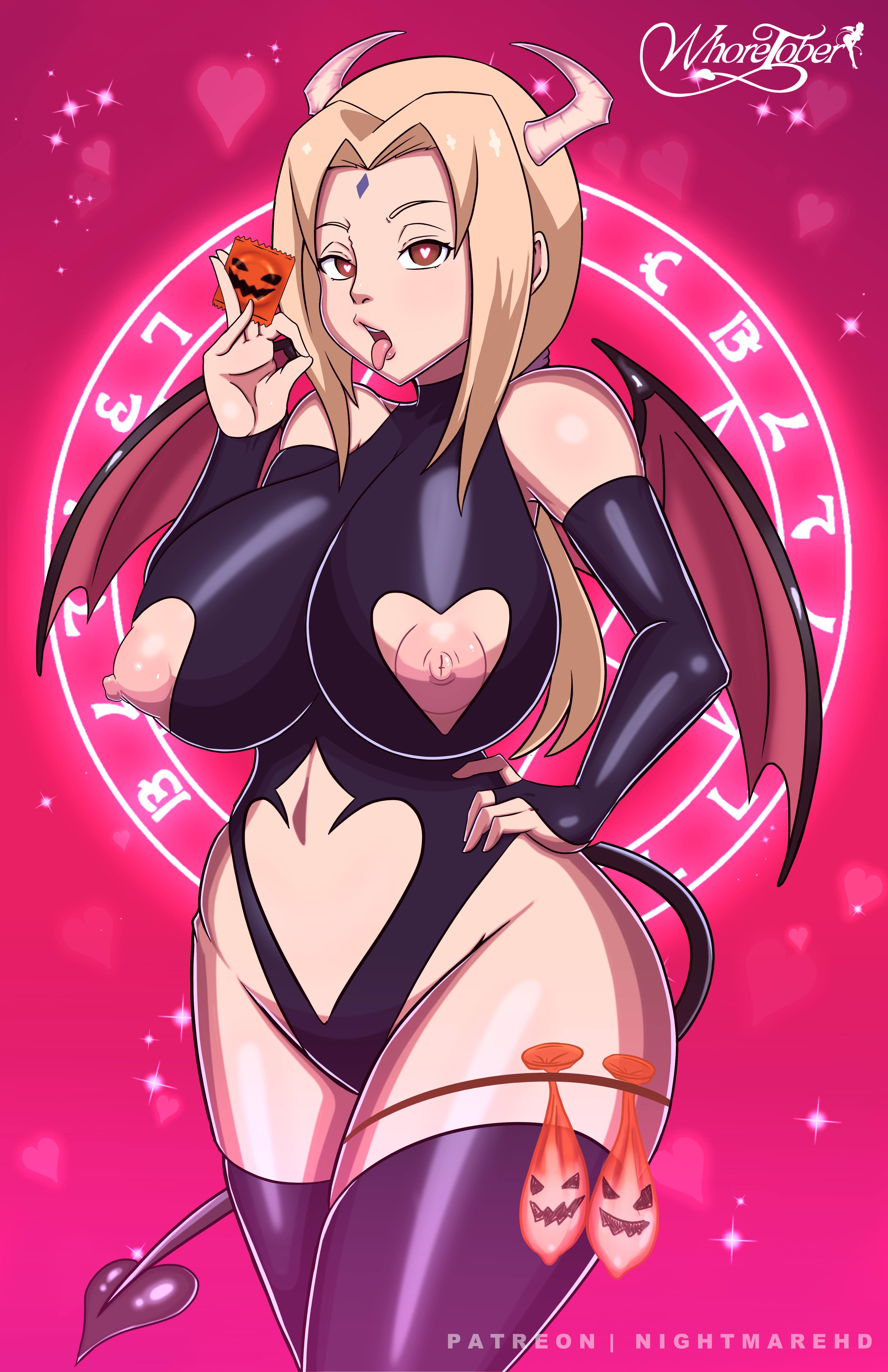 1girls, absurd res, areolae, big breasts, breasts, condom, demon, female, halloween, hand on hip, heart cutout, heart-shaped pupils, high resolution, horns, huge breasts, large breasts, leotard, naruto, naruto (series), nightmare hdraw, nipple bulge, nipples, solo, standing, succubus, tail, thick thighs, thighhighs, thighs, tsunade, wide hips, wings