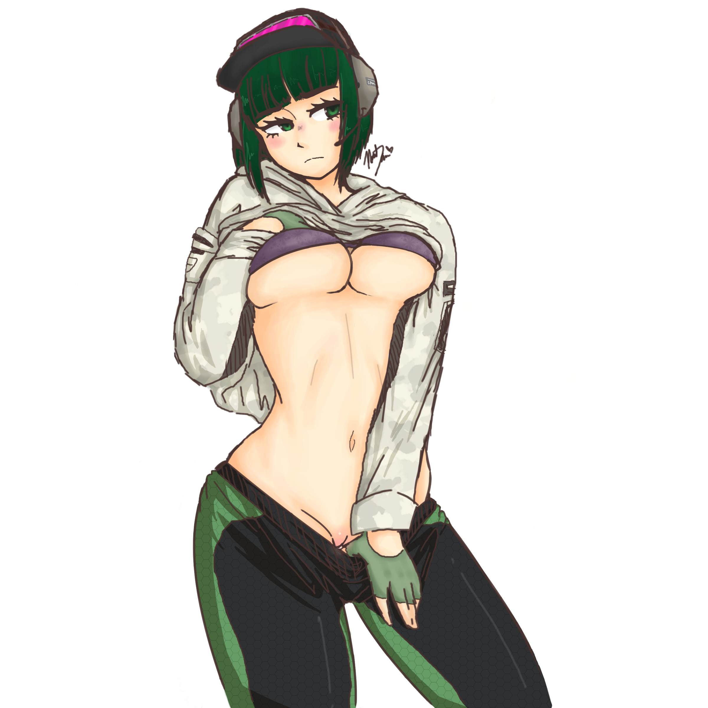1girls, blush, bra, breasts, ela (rainbow six), female, female only, fingerless gloves, frown, gloves, goggles, goggles on hat, green eyes, green hair, headset, highres, jacket, large breasts, navel, nyudatboi, pants pull, pussy, rainbow six, rainbow six siege, short hair, simple background, solo, tom clancy, underboob