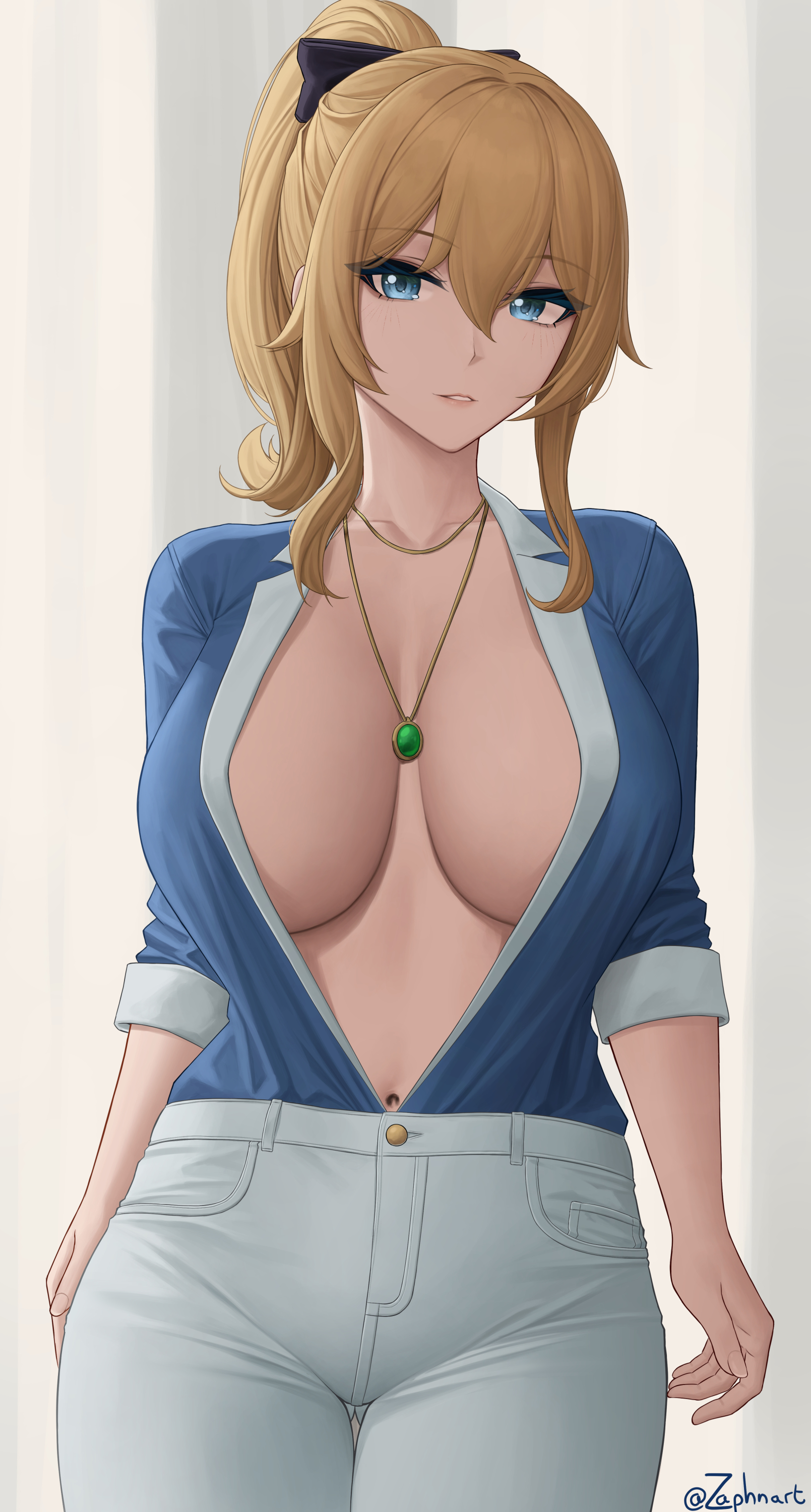 1girls, belly button, big breasts, blonde hair, blouse, blue eyes, breasts, cleavage, collar, eyelashes, eyeliner, female, female only, genshin impact, jean gunnhildr, large breasts, lipstick, long hair, looking at viewer, makeup, necklace, open shirt, pants, ponytail, shirt, solo, solo female, zaphn