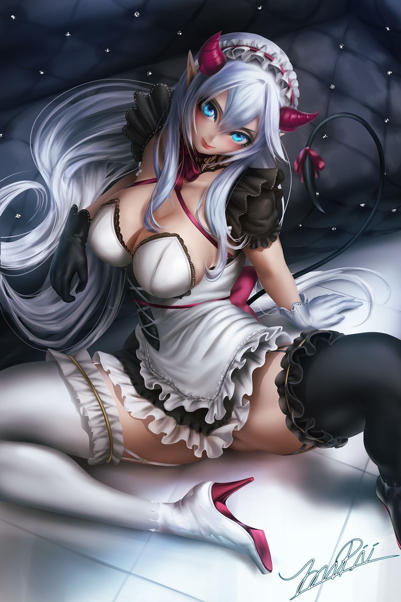 gloves looking_at_viewer maid_uniform on_bed succubus veibae virtual_youtuber vshojo yonpii