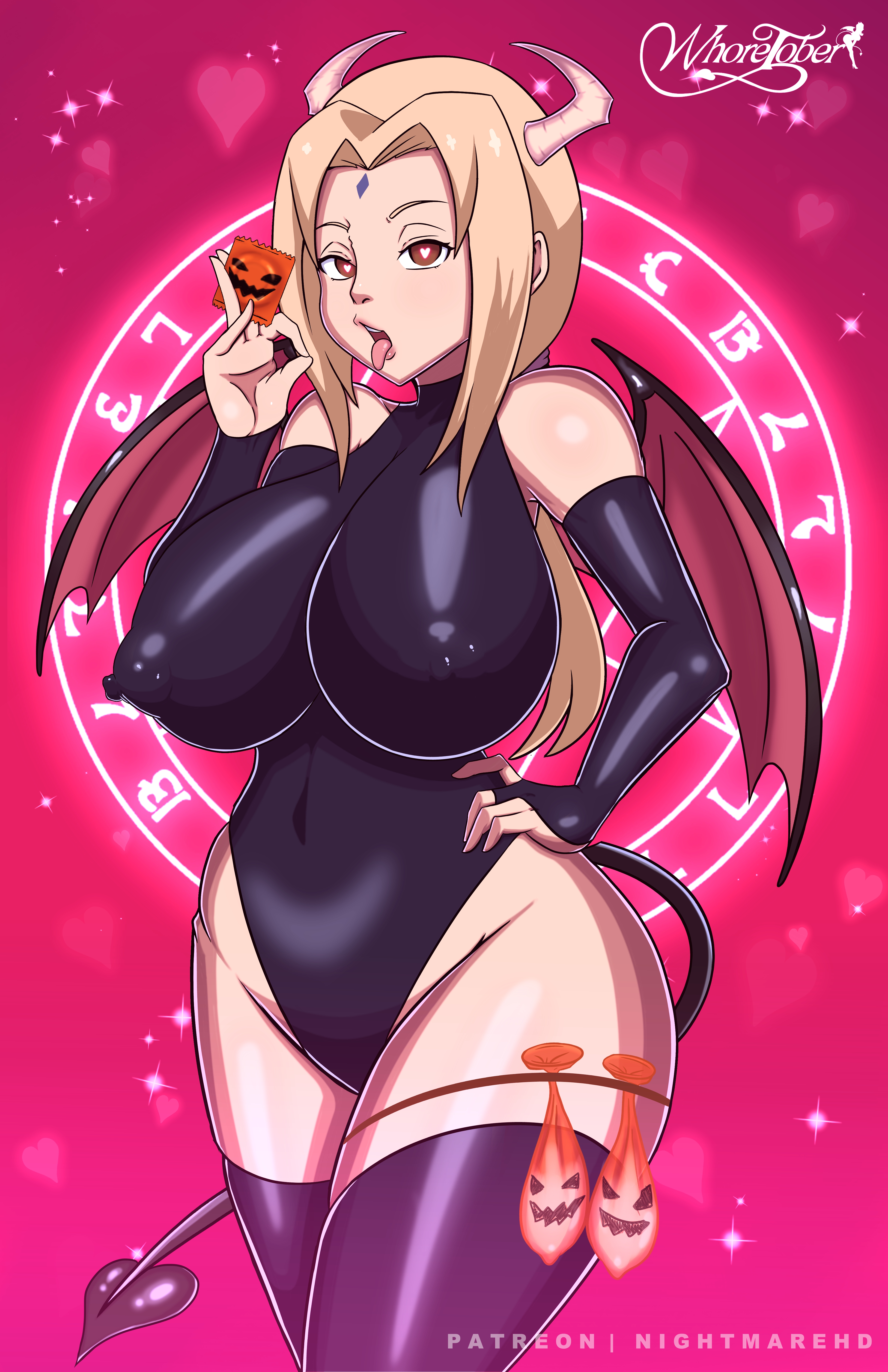 1girls, absurd res, big breasts, breasts, clothed female, condom, demon, female, halloween, hand on hip, heart-shaped pupils, high resolution, horns, huge breasts, large breasts, leotard, naruto, naruto (series), nightmare hdraw, nipple bulge, solo, standing, succubus, tail, thick thighs, thighhighs, thighs, tsunade, wide hips, wings