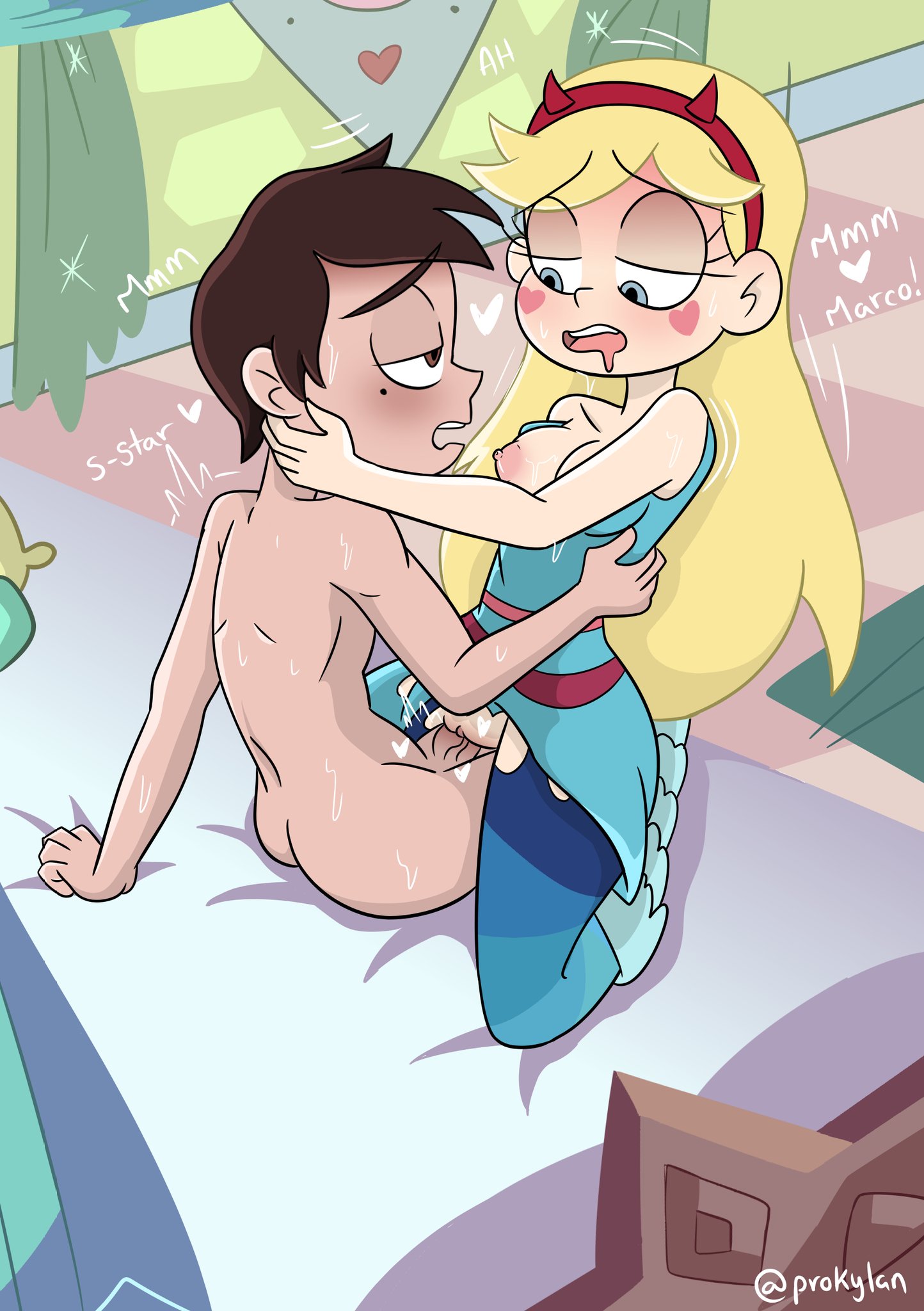 1boy, 1girls, blonde hair, breasts, brown hair, clothed female nude male, clothed sex, cowgirl position, disney, disney channel, disney xd, female, latino, latino male white female, male, marco diaz, mole under eye, prokylan, pussy, sex, star butterfly, star vs the forces of evil, vaginal penetration, white female