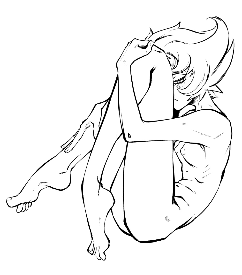 1girls, areolae, box chan, breasts, cartoon network, female, female only, fetal position, gem (species), humanoid, inktober, lapis lazuli (steven universe), monochrome, nipples, nude, sketch, skinny, small breasts, solo, steven universe