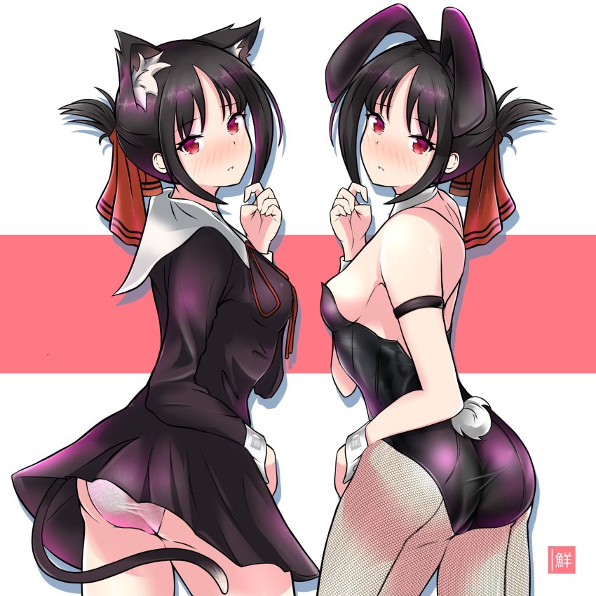 1girls, animal ears, arm strap, ass, bare shoulders, black dress, black hair, black leotard, blush, breasts, bunny ears, bunnysuit, cat ears, cat tail, collared dress, cowboy shot, detached collar, dress, embarrassed, fake animal ears, female, fishnet legwear, fishnets, folded ponytail, freshtango, from behind, hairband, highres, kaguya-sama wa kokurasetai ~tensai-tachi no renai zunousen~, kemonomimi mode, leotard, long hair, long sleeves, looking at viewer, looking back, medium breasts, multiple views, nose blush, panties, pantyhose, pantyshot, playboy bunny, rabbit ears, rabbit tail, red eyes, sailor collar, shinomiya kaguya, standing, strapless, strapless leotard, tail, thighs, underwear, white panties