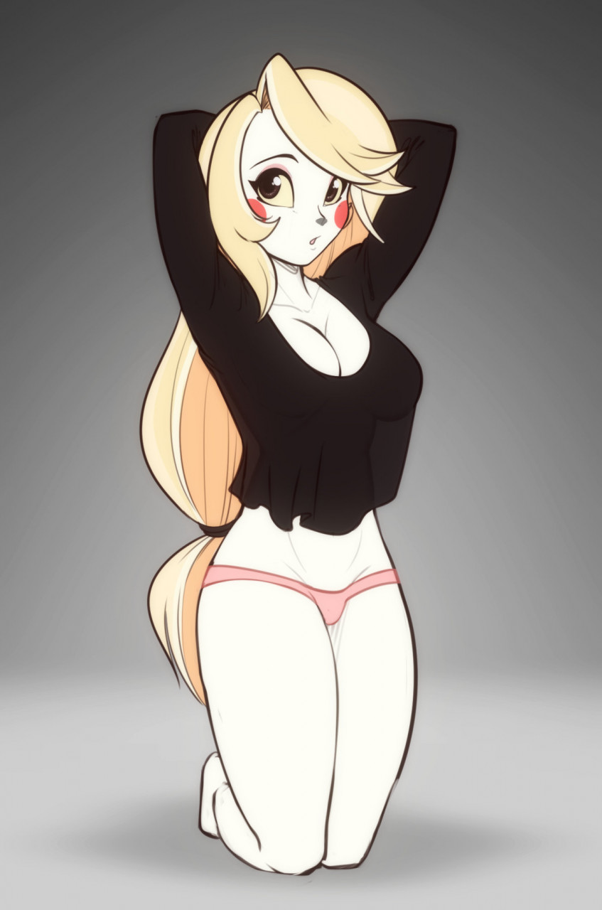 bare legs, blonde hair, brown eyes, charlie morningstar (hazbin hotel), female, hands behind head, hazbin hotel, no pants, panties, pink panties, scorpdk, solo, straight hair