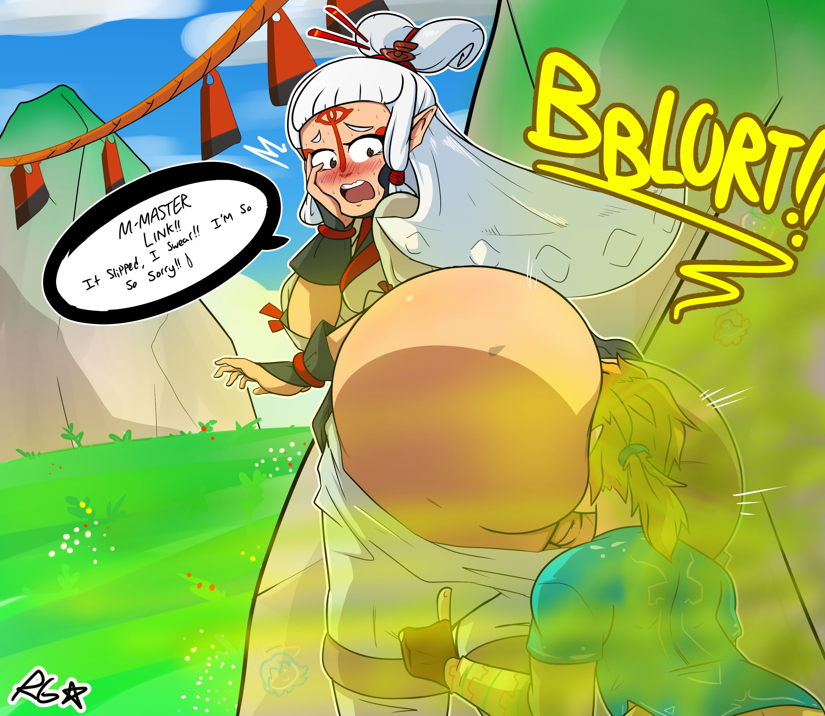1boy, 1girls, anilingus, ass, big ass, big butt, birthmark, blonde hair, blush, breath of the wild, brown eyes, face in ass, fart, fart cloud, fart fetish, farting, farting in face, female, fingerless gloves, gobrush, hand on cheek, link, link (breath of the wild), looking back, male, outdoors, outside, paya (the legend of zelda), pussy, text, text bubble, the legend of zelda, thumbs up, vagina, white hair
