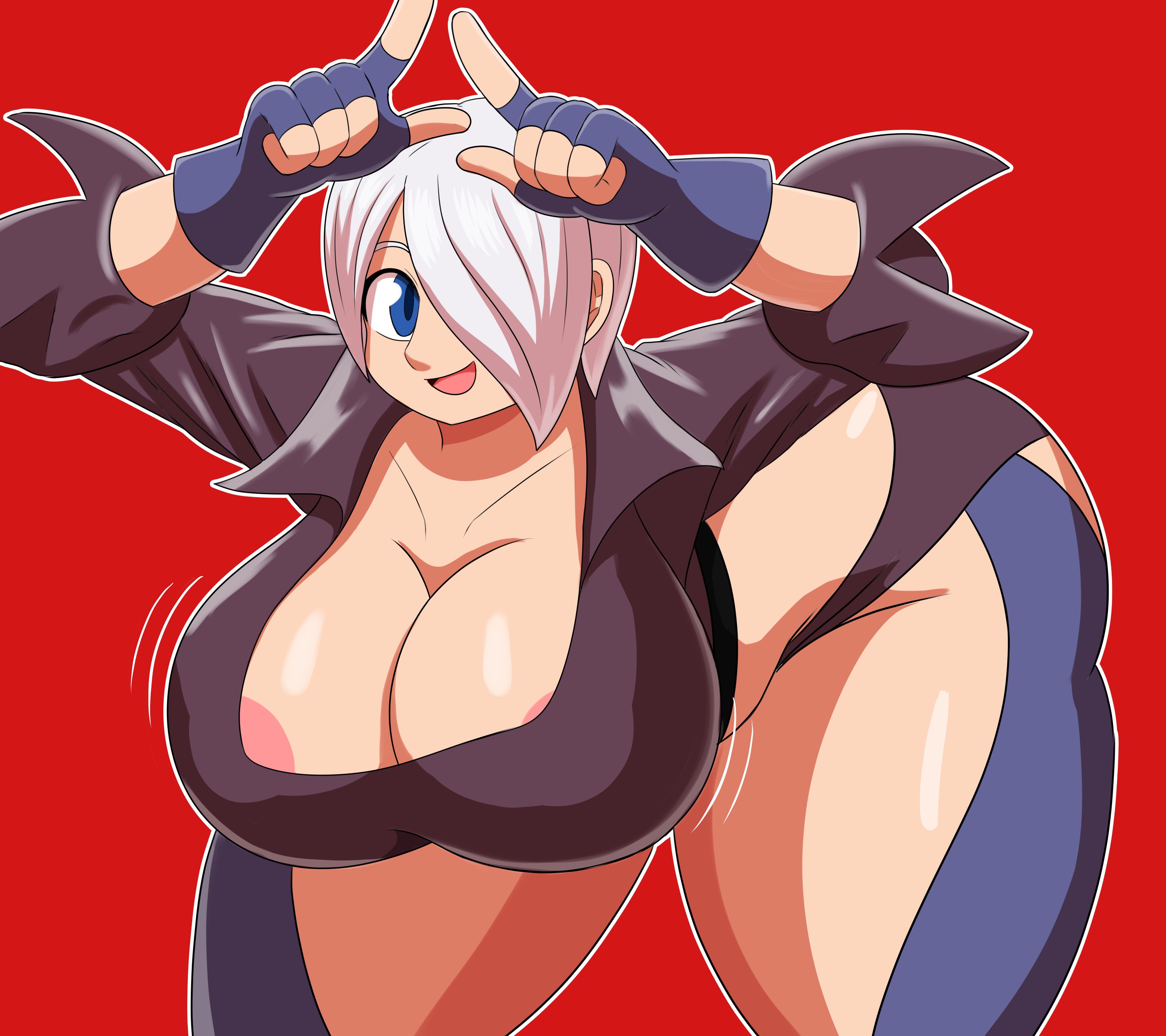 1girls, angel (kof), areola slip, areolae, blue eyes, breasts, cleavage, clothed, clothed female, collarbone, female, female only, fingerless gloves, gloves, hair over one eye, human, human only, jacket, king of fighters, large breasts, leather jacket, mechspazer, short hair, smile, snk, solo, solo female, tagme, thick thighs, white hair