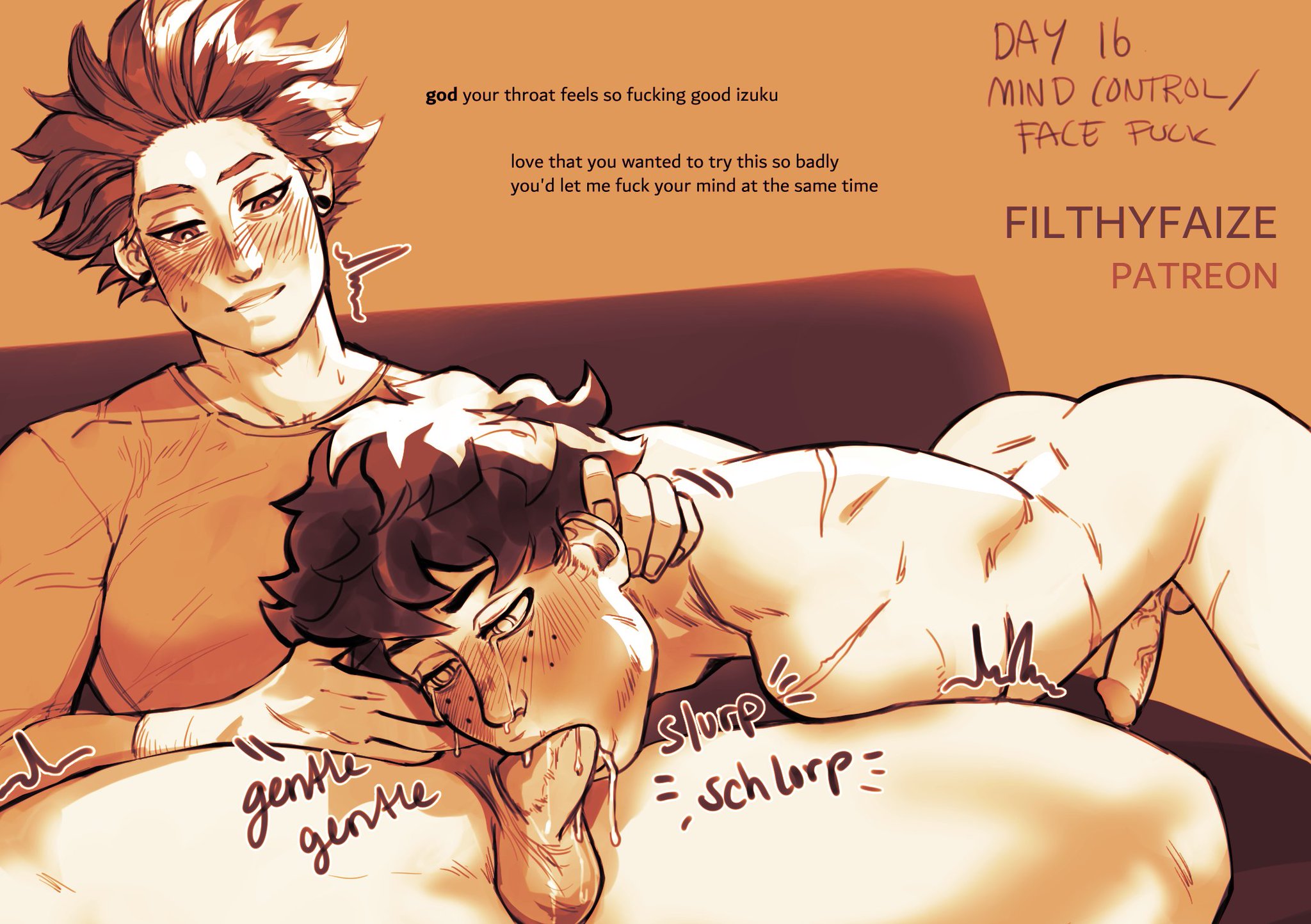 2boys, ass, ass up, blush, cheek bulge, crying, crying with eyes open, english text, face fucking, fellatio, filthyfaize, gay, hitoshi shinso, izuku midoriya, male, male only, male/male, mind control, my hero academia, no underwear, oral, oral penetration, oral sex, penis, penis in mouth, scar, scars, sitting, tears, text, throat fuck, yaoi