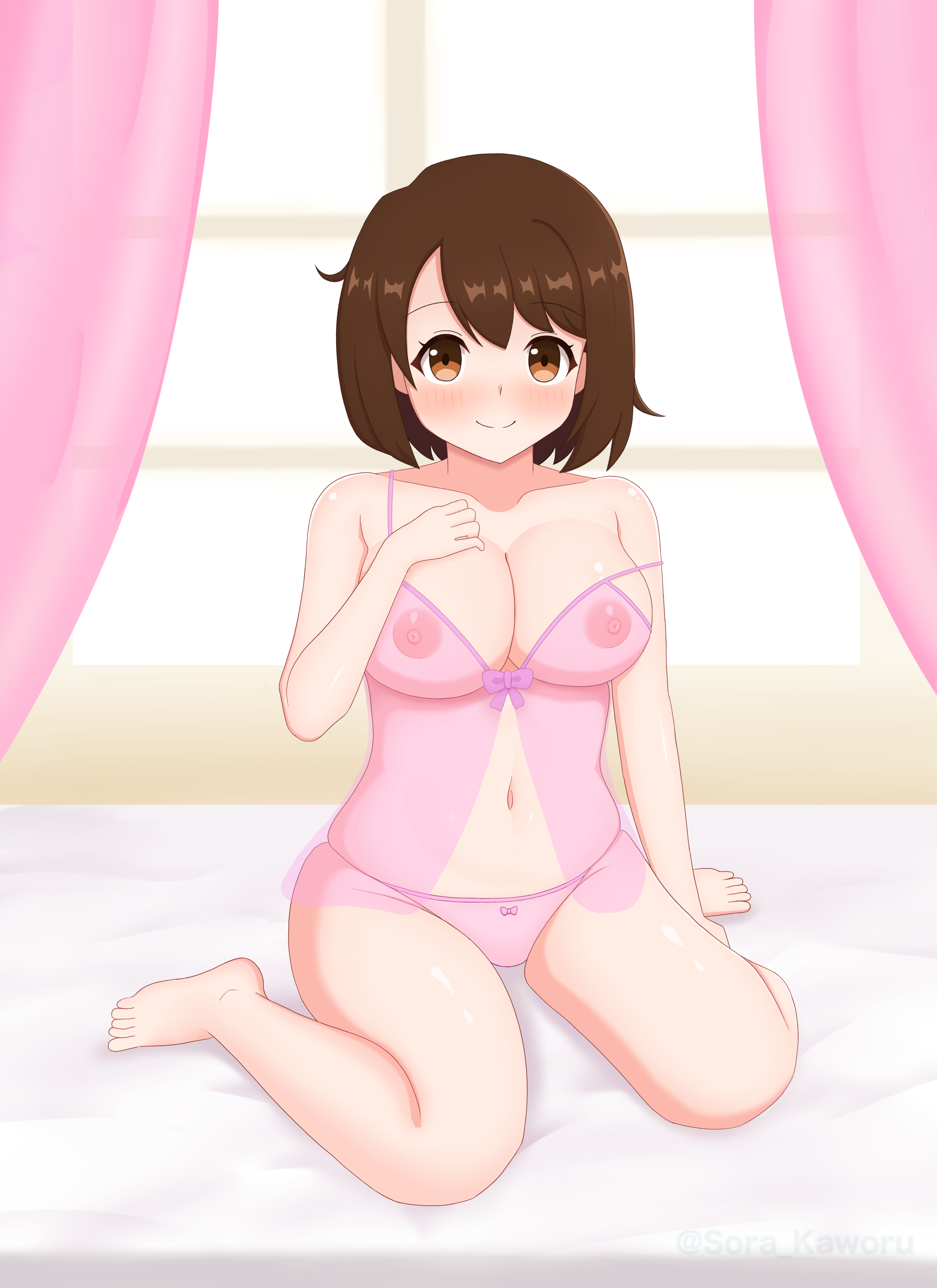 1girls, areolae, big breasts, breasts, brown hair, eye contact, female, gloria (pokemon), looking at viewer, nintendo, nipples, pokemon, pokemon ss, short hair, solo, sora kaworu, transparent clothing, underwear, wariza