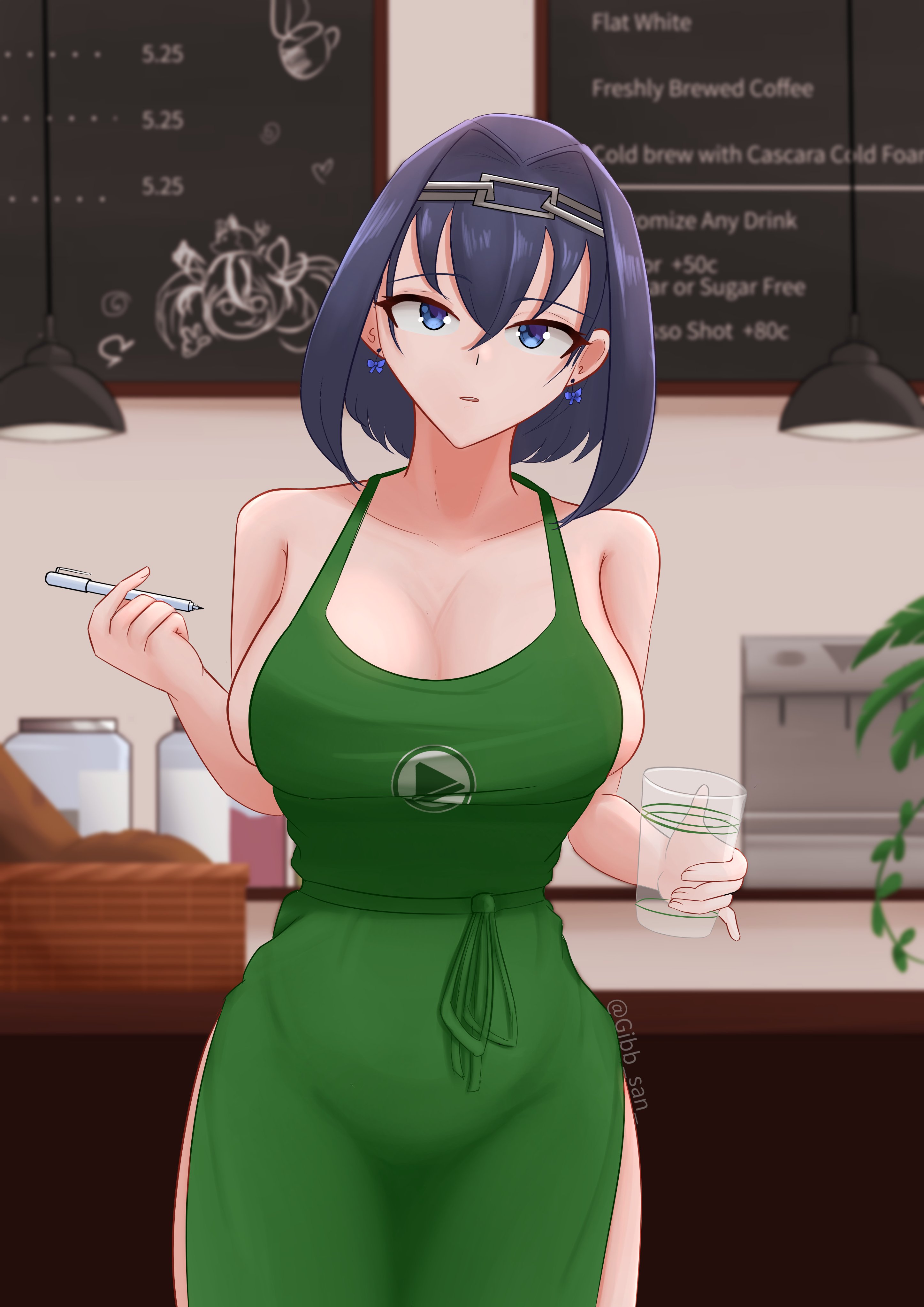 1girls, apron, apron only, big breasts, blue eyes, breasts, female, gibb san, hololive, hololive english, hololive english -council-, hololive english -promise-, iced latte with breast milk, light skin, light-skinned female, looking at viewer, meme, ouro kronii, thick thighs, virtual youtuber