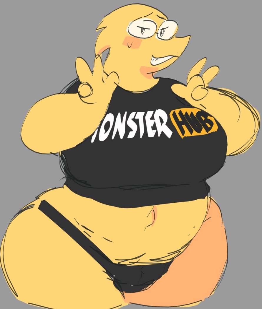 1girls, 2d, alphys, anthro, anthro only, breasts, chubby, chubby female, dinosaur, double v, female, female only, glasses, huge breasts, humanoid, lizard girl, lizard humanoid, monster hub, mooncheez3, navel, pornhub, reptile, reptile humanoid, solo, solo female, sweatdrop, t-shirt, thick thighs, thong, undertale, undertale (series), underwear, v sign, wide hips, yellow body, yellow skin