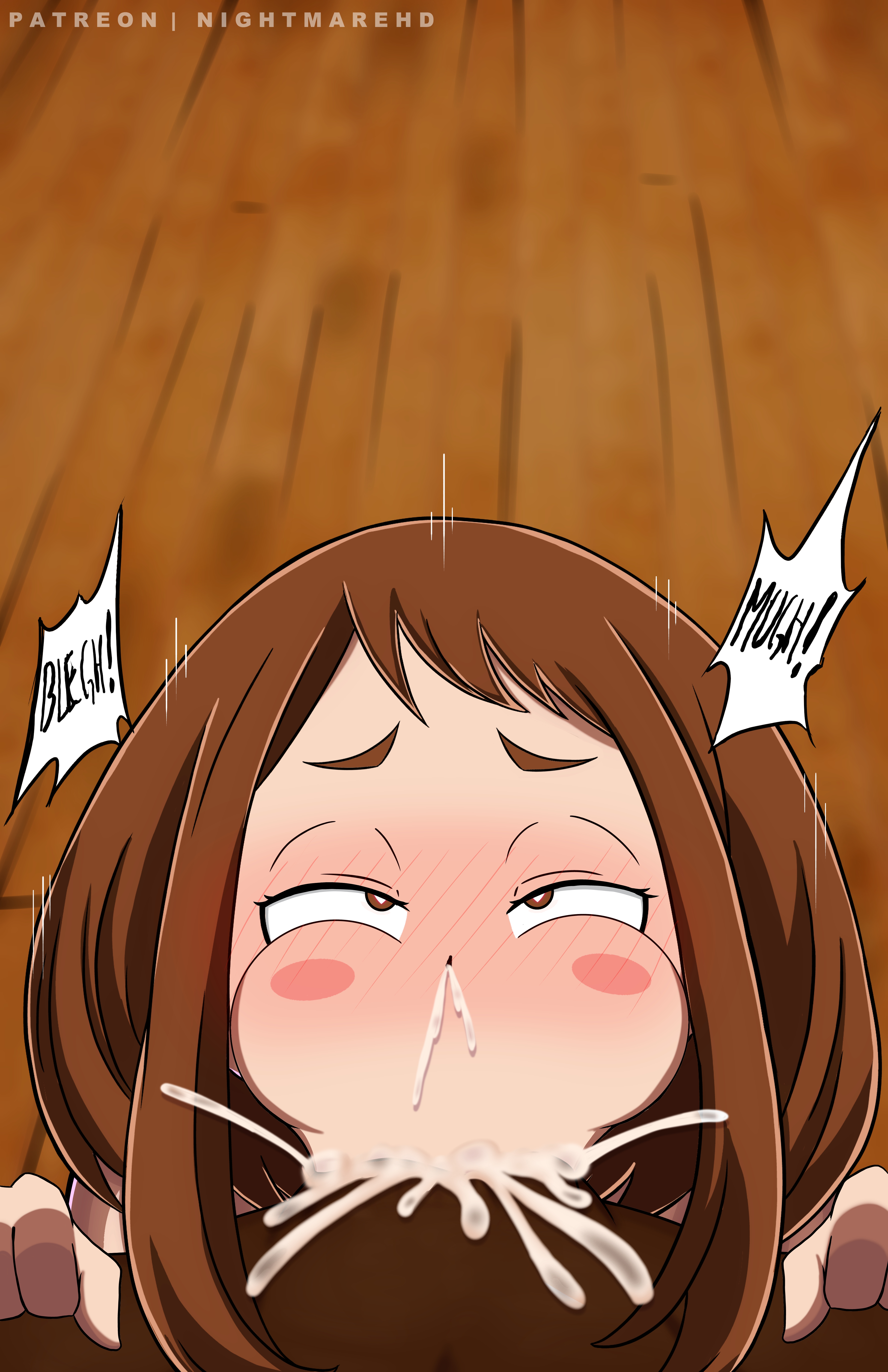 :>=, 1boy, 1girls, absurd res, areolae, big breasts, big penis, breasts, brown eyes, brown hair, cum, cum in mouth, cum inside, cum out nose, dark skin, dark-skinned male, deepthroat, ejaculation, fellatio, fellatio gesture, female, heart-shaped pupils, highres, huge breasts, huge cock, incredibly absurdres, interracial, large breasts, large penis, male, my hero academia, nightmare hdraw, nipples, ochako uraraka, oral, penis, saliva, short hair, speech bubble, sucking, text, veiny penis