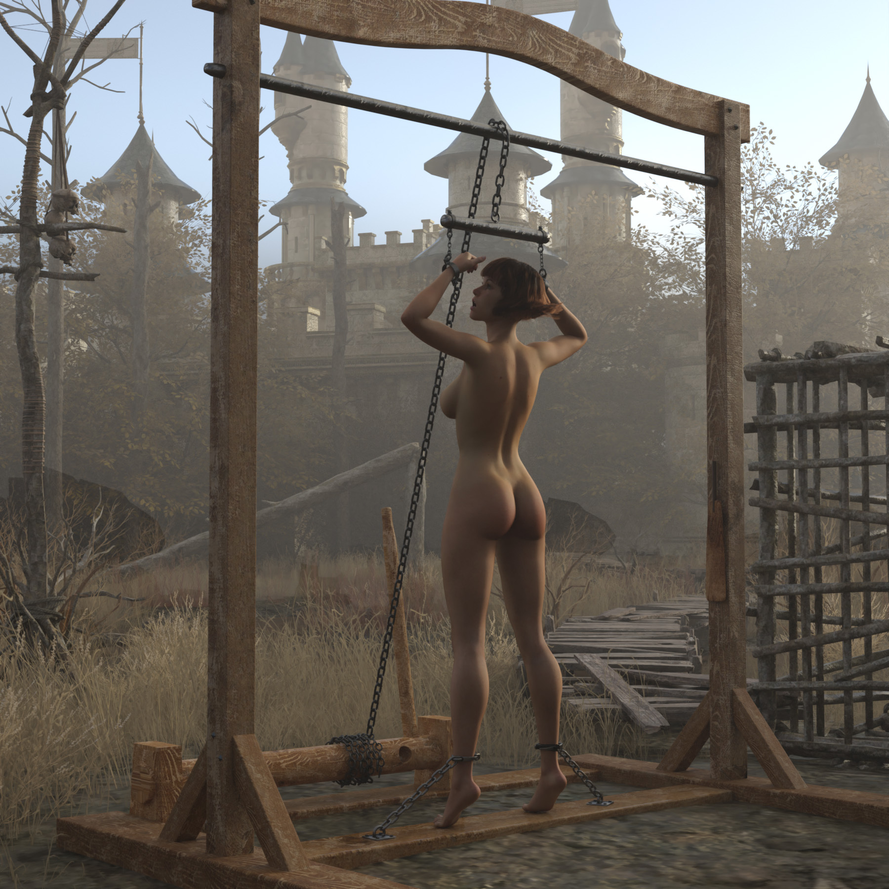 1girls, 3d, bondage, breasts, castle, female, female only, human, human only, light skin, light-skinned female, medieval, medium breasts, metal bondage, nude, nude female, outdoors, outside, predicament bondage, public, public nudity, punishment, restrained, short hair, silky58, solo, solo female, tagme