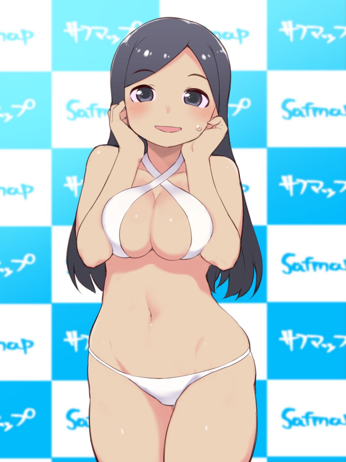 1girls bikini black_hair breasts fukurou_(owl222) looking_at_viewer sakurai_touko senpai_ga_uzai_kouhai_no_hanashi sofmap_wall solo swimsuit