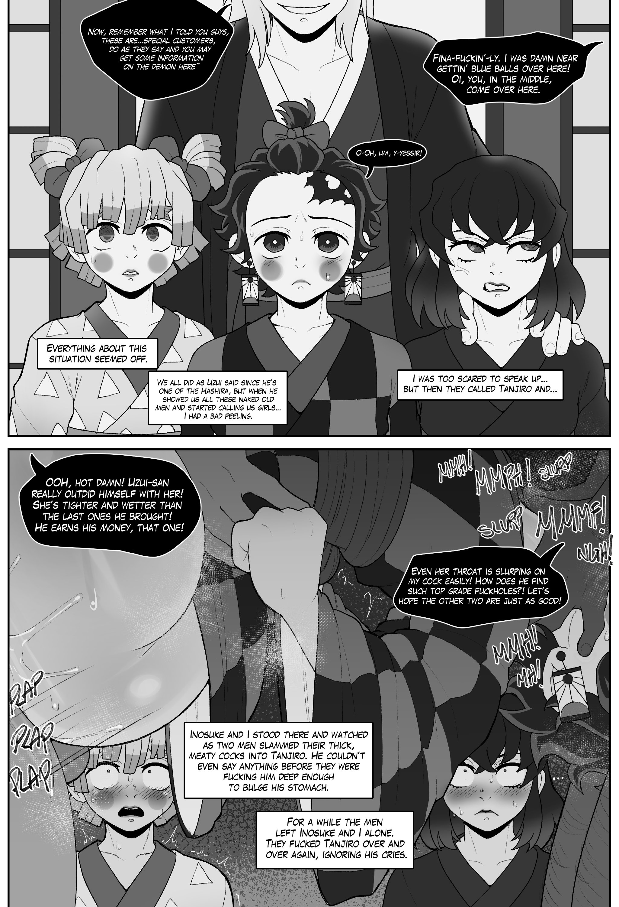 2koma, 6boys, anal, anal sex, ass, balls, big ass, blackwhiplash, blowjob, blush, bwl, canon crossdressing, clothed sex, crossdressing, demon slayer, english text, fellatio, femboy, gangrape, gay, girly, greyscale, implied oral, inosuke hashibira, instant loss 2koma, kamado tanjirou, kimetsu no yaiba, makeup, male, male only, male penetrating, male/male, monochrome, multiple boys, multiple males, oral, pimp, prostitution, rape, scar, sex, speech bubble, spitroast, sweat, testicles, text, text box, trembling, uzui tengen, yaoi, zenitsu agatsuma