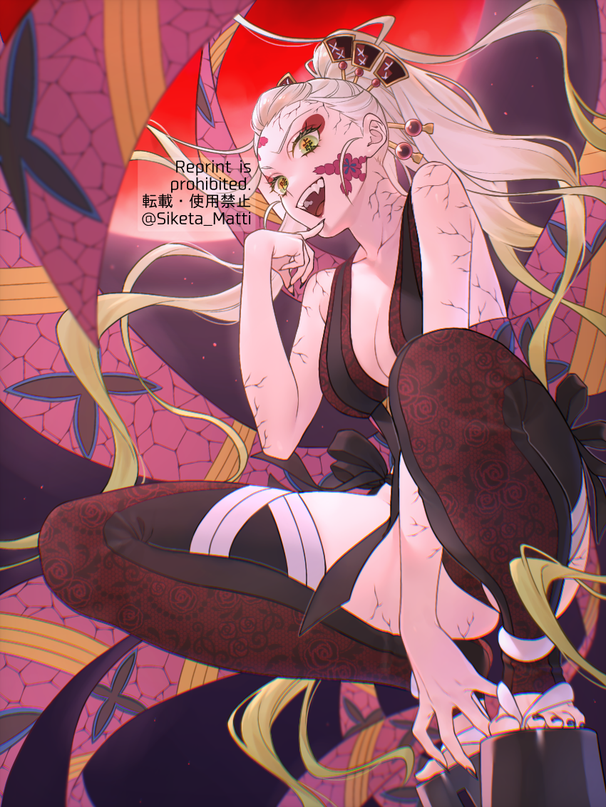 black_nails breasts daki_(kimetsu_no_yaiba) demon_girl demon_slayer facial_mark female flower_tattoo green_eyes hair_ornament hair_stick hairpin holding_hair_ornament jewelry kimetsu_no_yaiba knees_up long_hair mizuki_mau nail_polish obi pink_ribbon platform_footwear print_legwear revealing_clothes ribbon side-tie_dress siketa_matti smile solo squatting symbol_in_eye thighhighs toeless_legwear toenail_polish very_long_hair white_hair