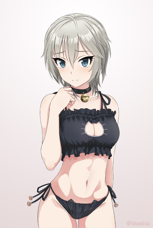 bare_shoulders black_bra black_panties blue_eyes blush breasts cat_bell cat_cutout cat_ear_panties cat_keyhole_bra cat_keyhole_lingerie cat_lingerie choker cleavage cleavage_cutout eyebrows eyebrows_visible_through_hair eyelashes female female_only hair_between_eyes inoshira lingerie looking_at_viewer short_hair side-tie_panties silver_hair smile