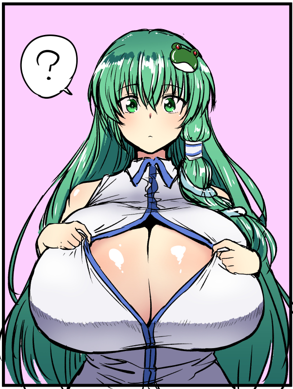 ?, ahemaru, big breasts, breasts, cleavage, female, green eyes, green hair, hair ornament, huge breasts, light skin, light-skinned female, long hair, open clothes, pale skin, pale-skinned female, presenting breasts, sanae kochiya, touhou