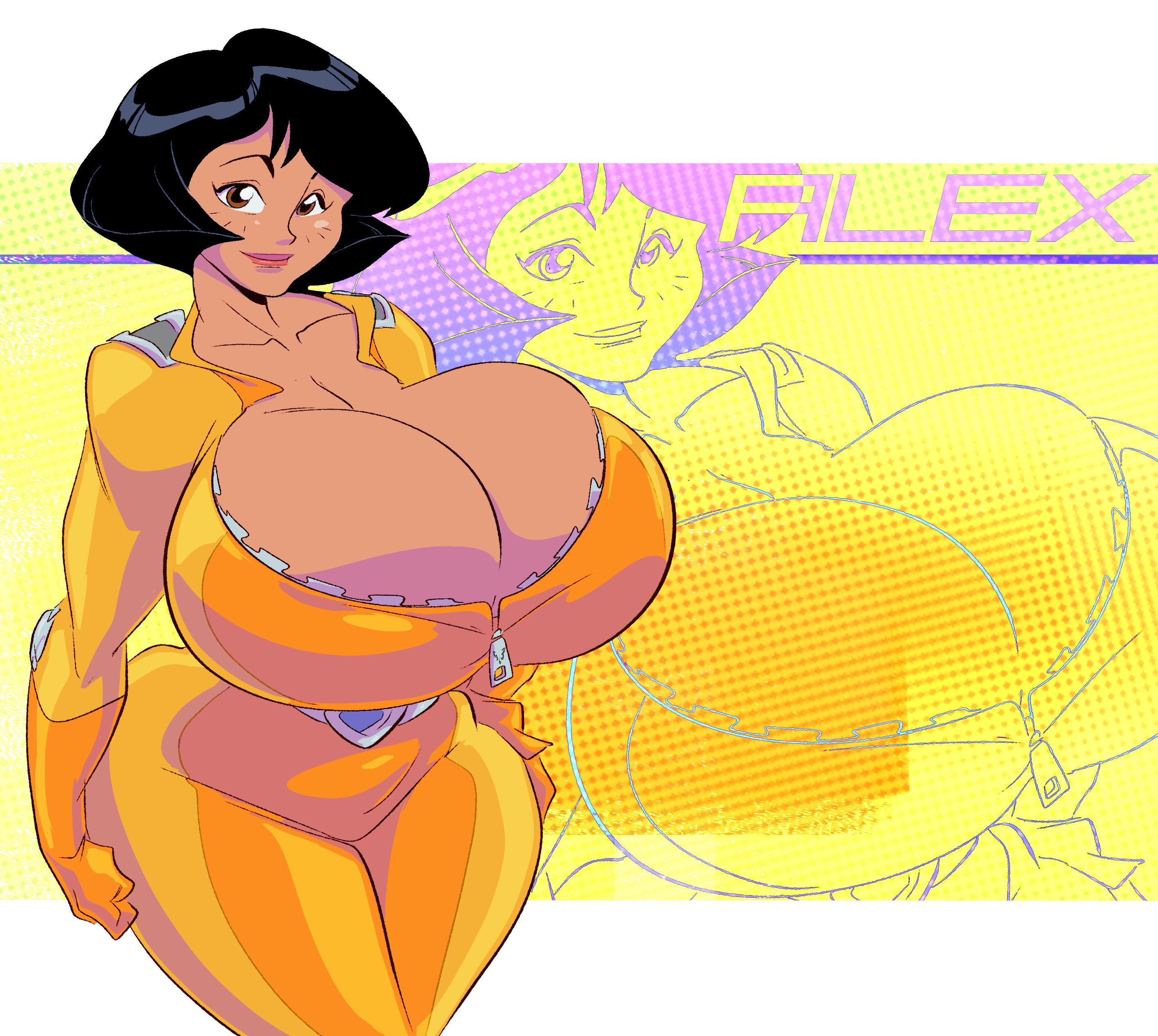1girls, alex (totally spies), big breasts, black hair, bob cut, boobs, breasts, breasts bigger than head, brown eyes, brown skin, cleavage, dark hair, female, female only, gigantic breasts, gloves, huge breasts, hyper, hyper breasts, large breasts, looking at viewer, short hair, simple background, slb, smile, solo female, solo focus, spy, thick thighs, top heavy, totally spies, unzipped, unzipped bodysuit, wide hips, zipper