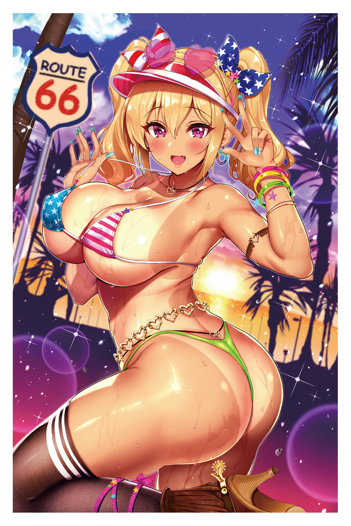 american flag bikini, ass, bikini, bikini bottom, bikini top, black legwear, blonde hair, blush, breasts, female, gyaru, heart-shaped pupils, jewel (the black canvas), large ass, large breasts, nipple bulge, open mouth, open smile, painted nails, pink eyes, route 66 (map), sunglasses, sunglasses on head, sweat, sweating, sweaty, tagme, tan body, tan skin, tanline, tanlines, tights, v, visor