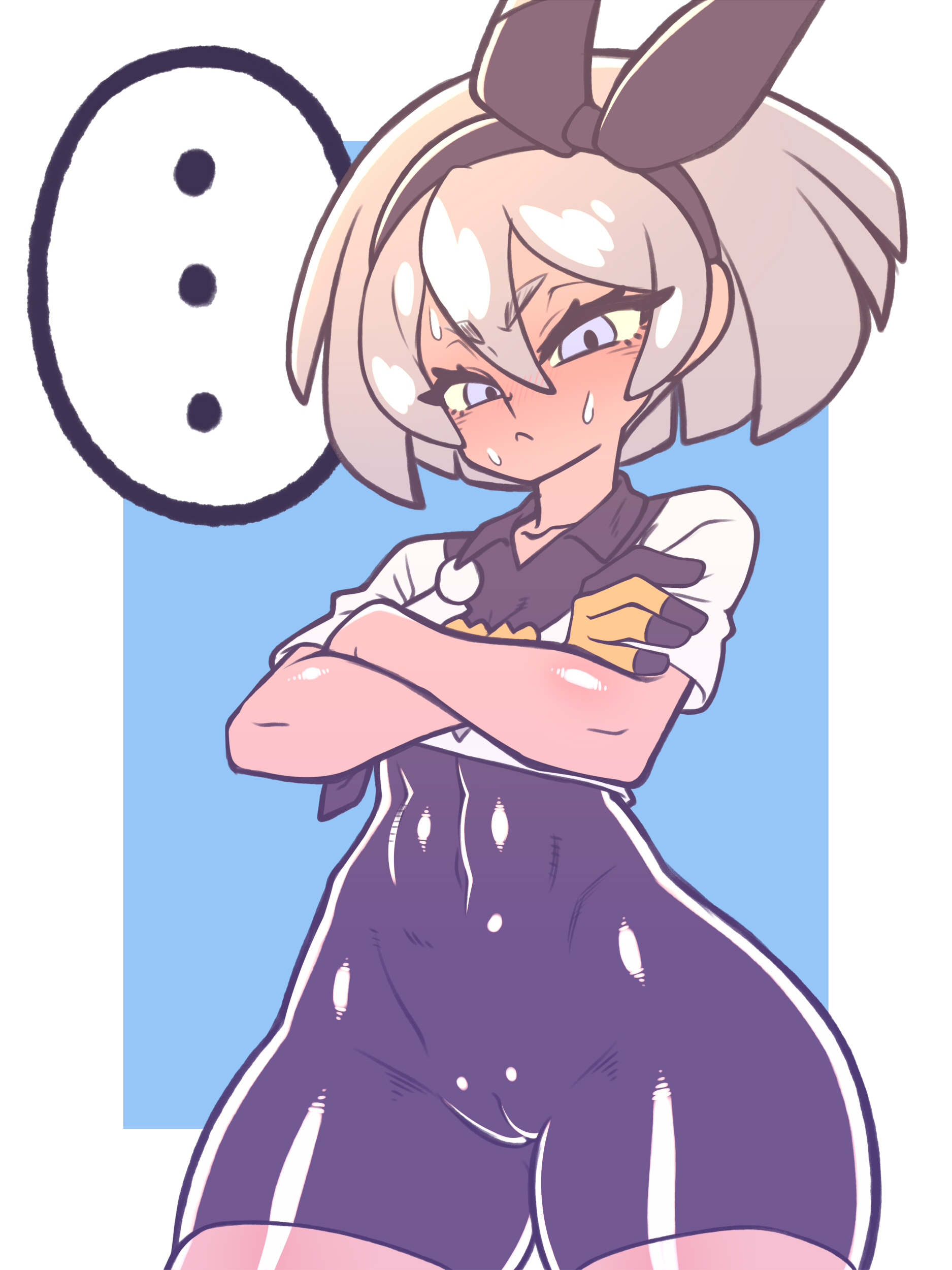 ..., 1girls, abs, bea (pokemon), bodysuit, cameltoe, eye contact, female, grey hair, hair ribbon, kaikoinu, latex, latex bodysuit, latex suit, latex vagina, looking at viewer, nintendo, pokemon, pokemon ss, pussy, short hair, solo, speech bubble, standing, sweat, thick thighs, thighs, wide hips