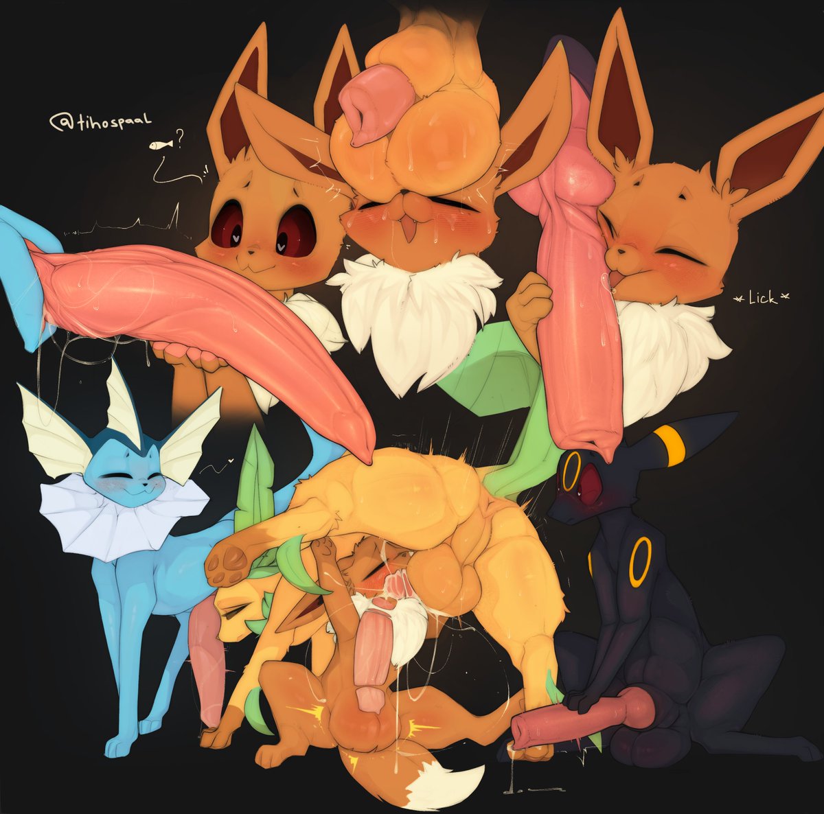 <3_eyes -w- balls big_ass big_balls big_penis blush bullying canine_penis eevee eeveelution feral feral_on_feral huge_balls huge_cock knot leafeon licking_penis looking_pleasured male/male penis pokemon pokemon_(species) small_penis spaal sweat sweaty sweaty_balls umbreon vaporeon