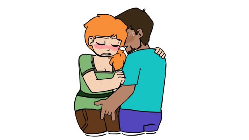 alex (minecraft), beard, blush, female, fingering, fully clothed, minecraft, orange hair, spicerice, steve (minecraft)